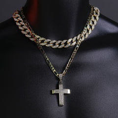 3Row Cz Dome Cross Pendant 20" Figaro Chain Hip Hop Style 18k Gold Plated