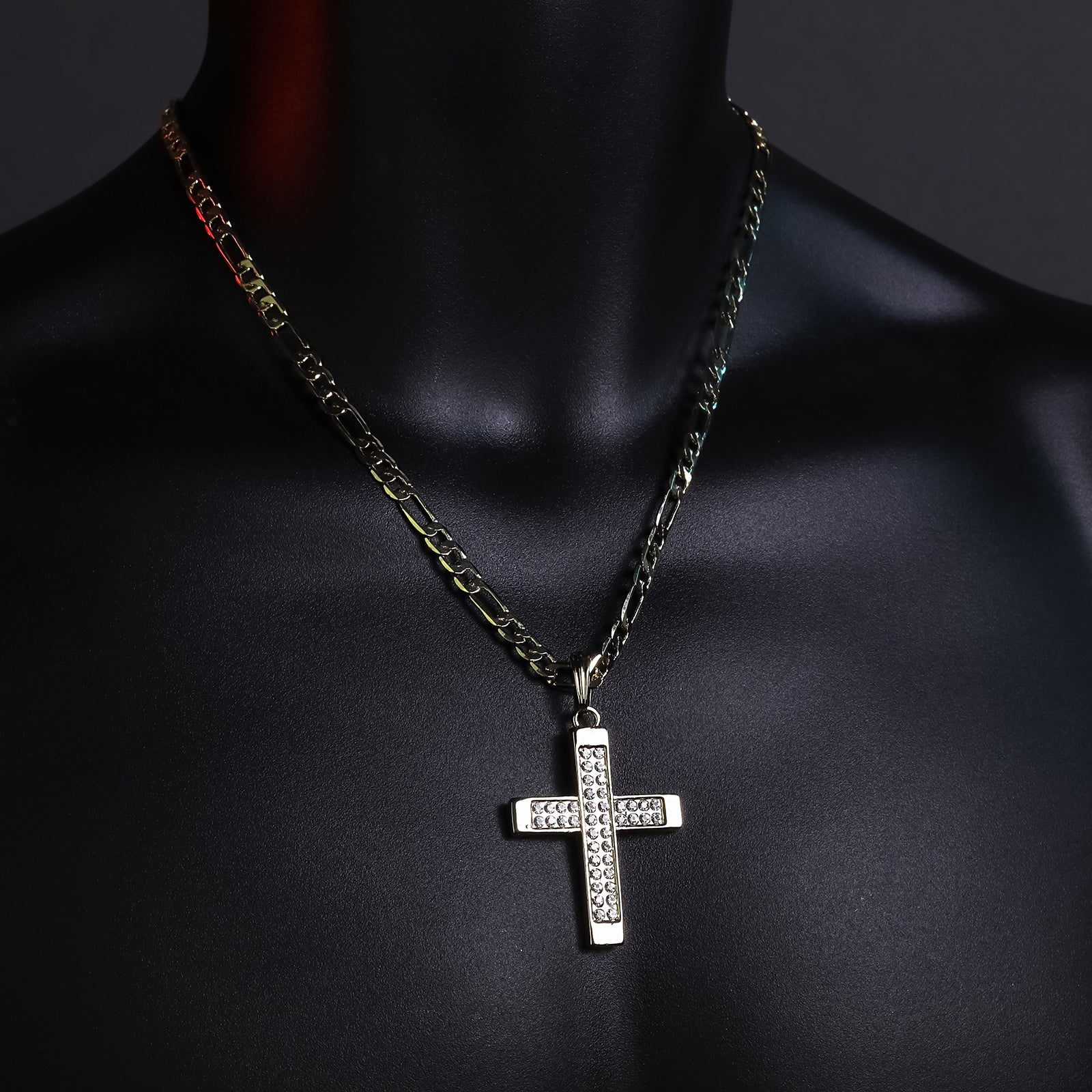 2Row Cz Pillar Cross Pendant 20" Figaro Chain Hip Hop Style 18k Gold Plated