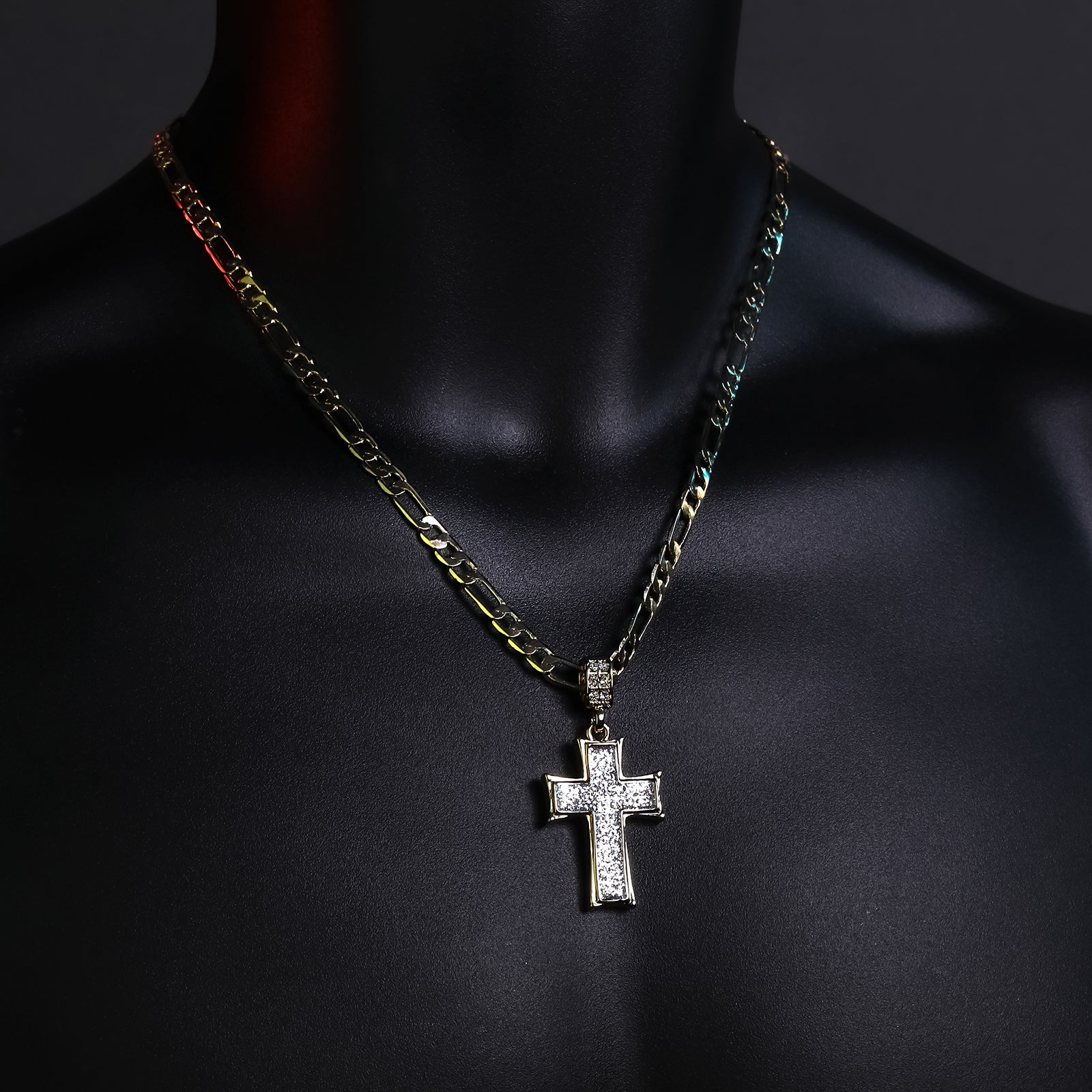 Silver Thick Stardust Cross Pendant 20" Figaro Chain Hip Hop Style 18k Gold Plated