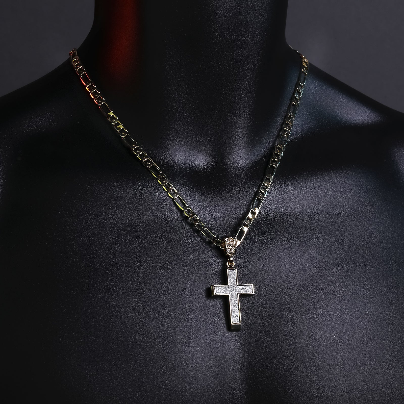 Stardust Cross Pendant 20" Figaro Chain Hip Hop Style 18k Gold Plated