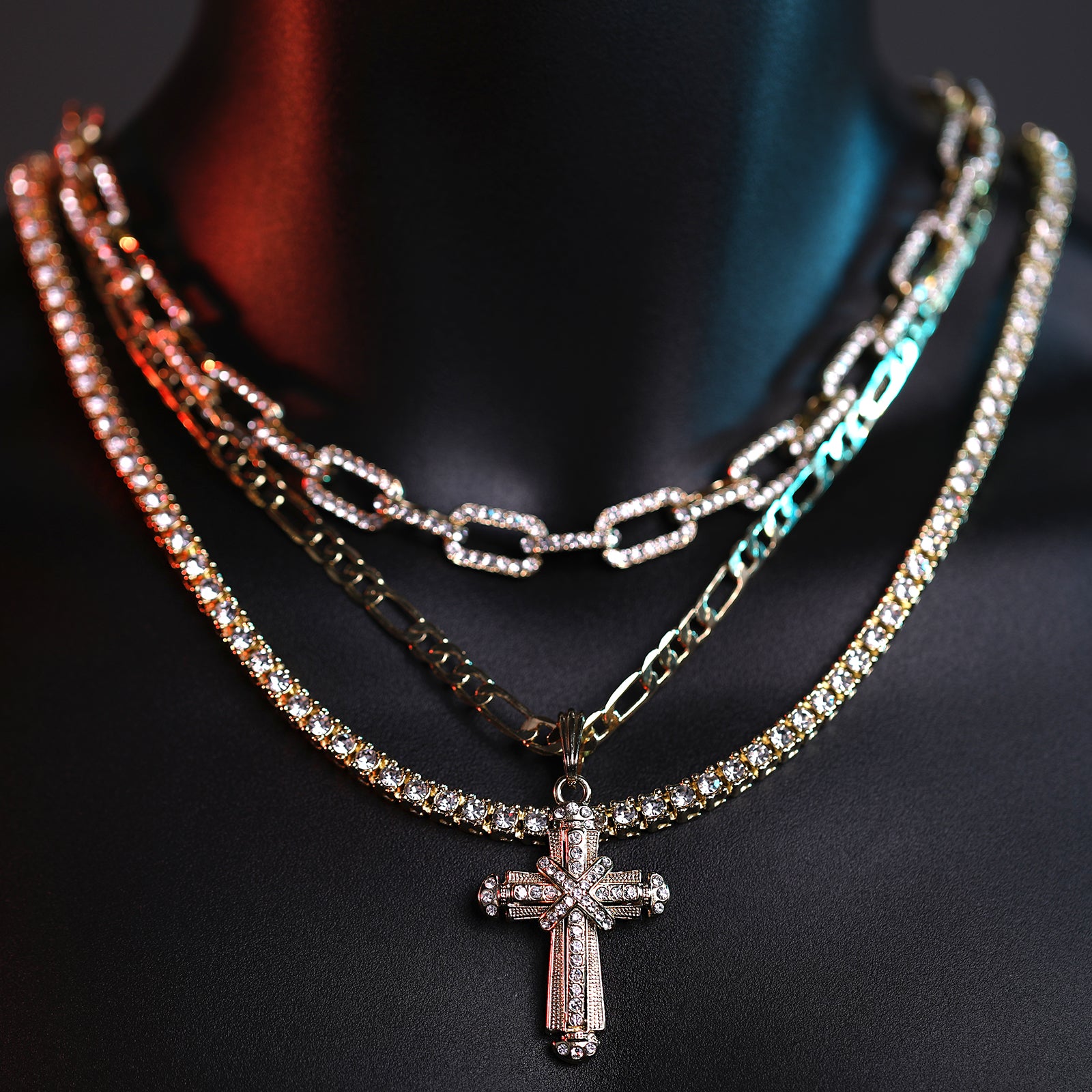 X Two Cz Cross Pendant 20" Figaro Chain Hip Hop Style 18k Gold Plated