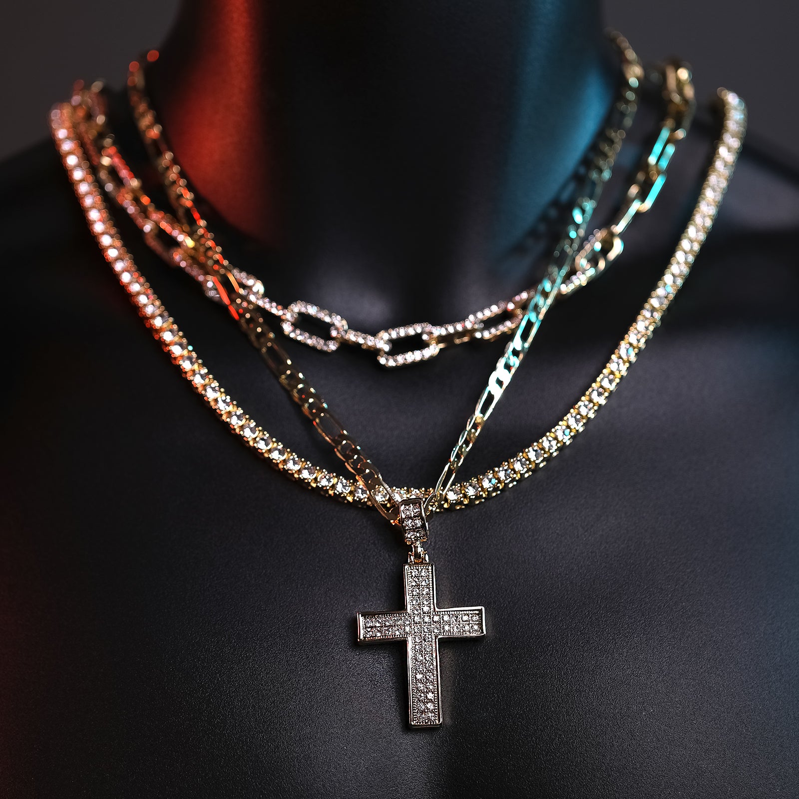 2Row Cz Cross Pendant 20" Figaro Chain Hip Hop Style 18k Gold Plated