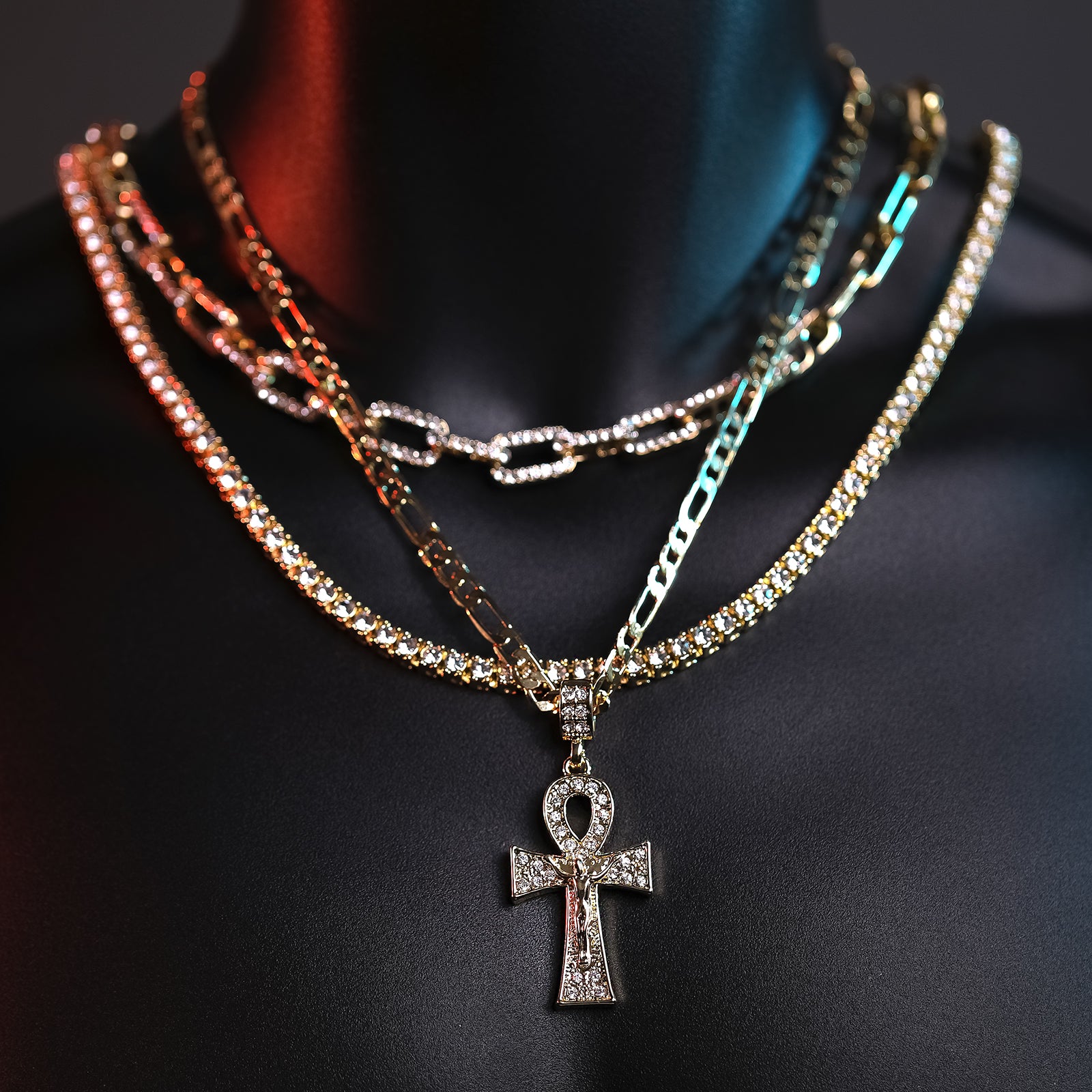 Egyptian Ankh Jesus Cross Pendant 20" Figaro Chain Hip Hop Style 18k Gold Plated
