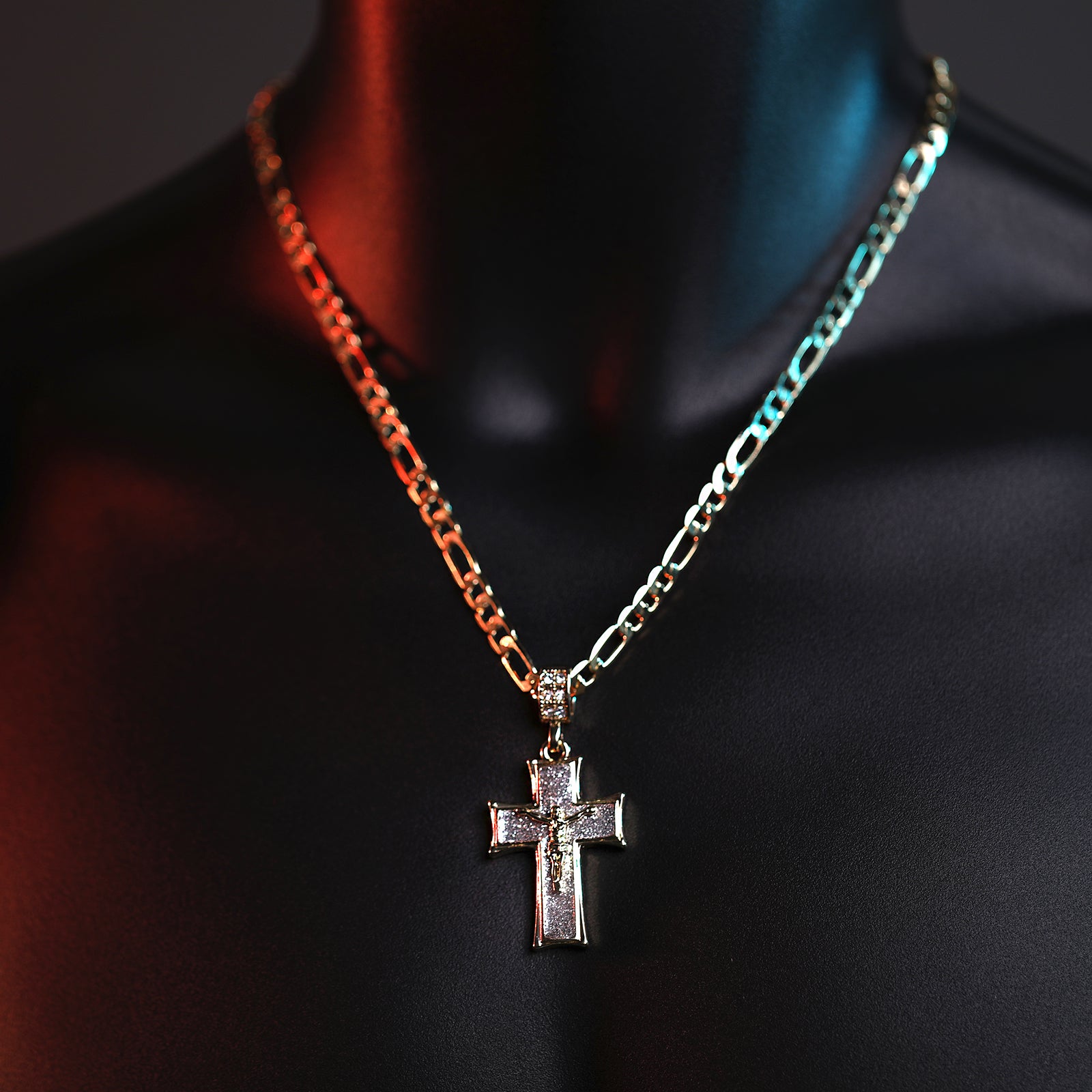 Stardust Jesus Cross Pendant 20" Figaro Chain Hip Hop Style 18k Gold Plated