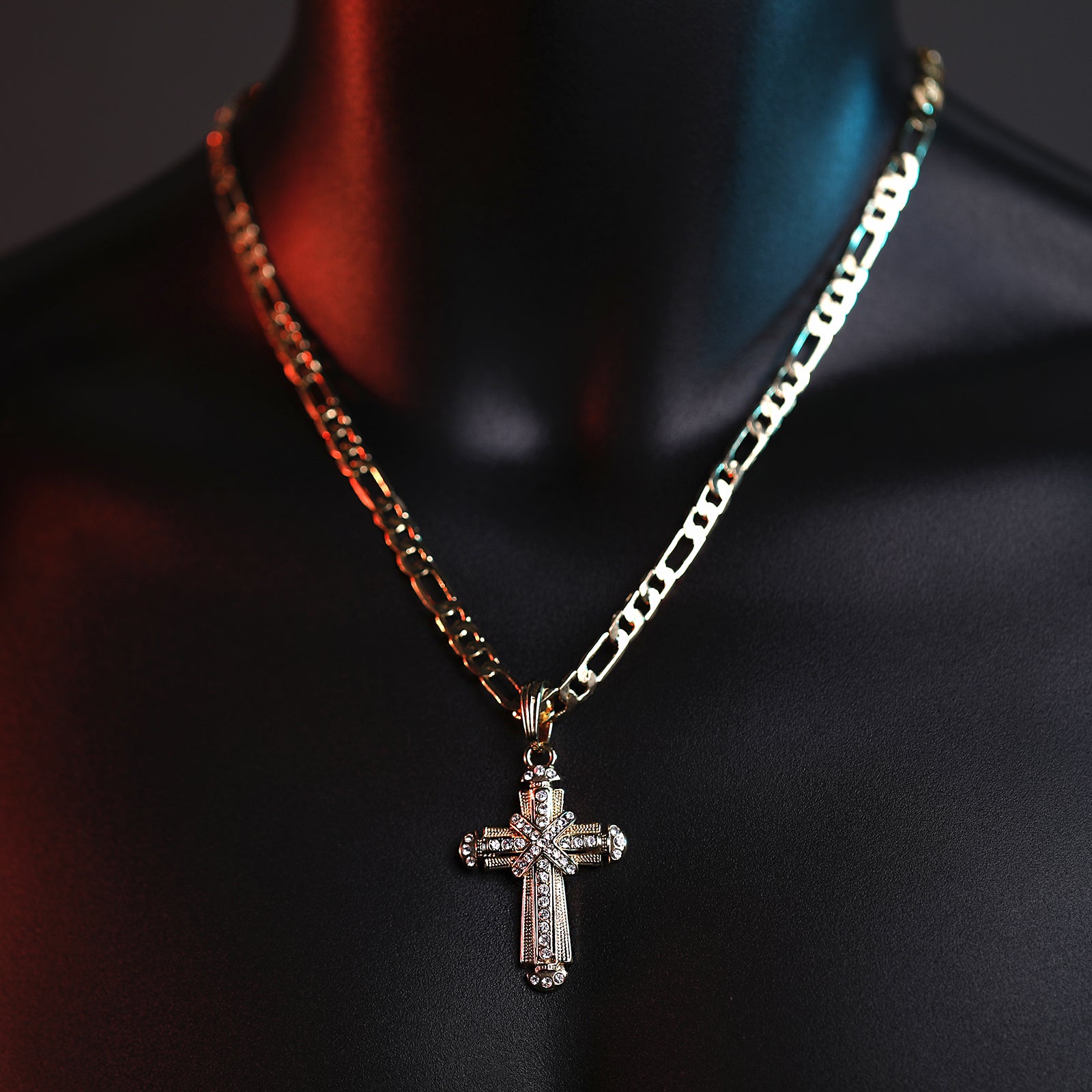 X Two Cz Cross Pendant 20" Figaro Chain Hip Hop Style 18k Gold Plated