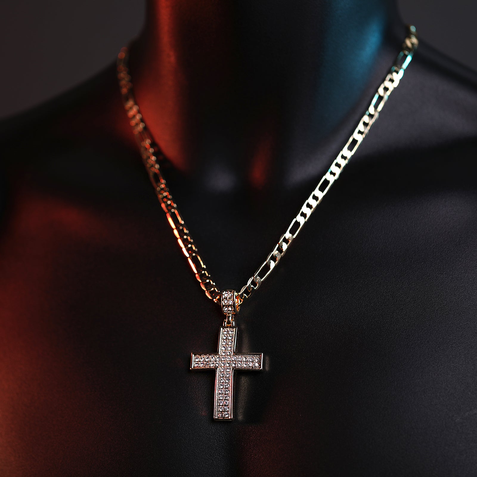 2Row Cz Cross Pendant 20" Figaro Chain Hip Hop Style 18k Gold Plated
