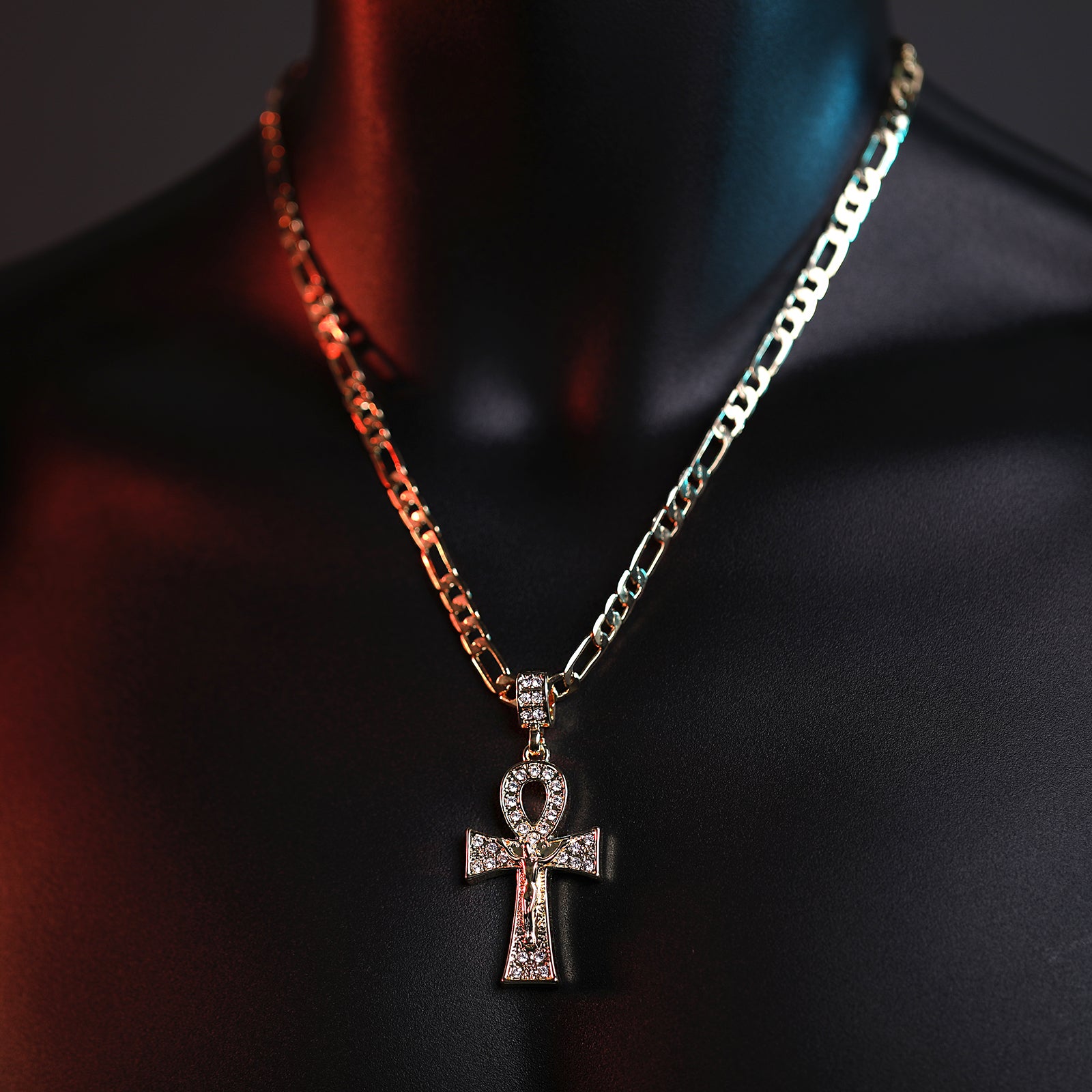 Egyptian Ankh Jesus Cross Pendant 20" Figaro Chain Hip Hop Style 18k Gold Plated