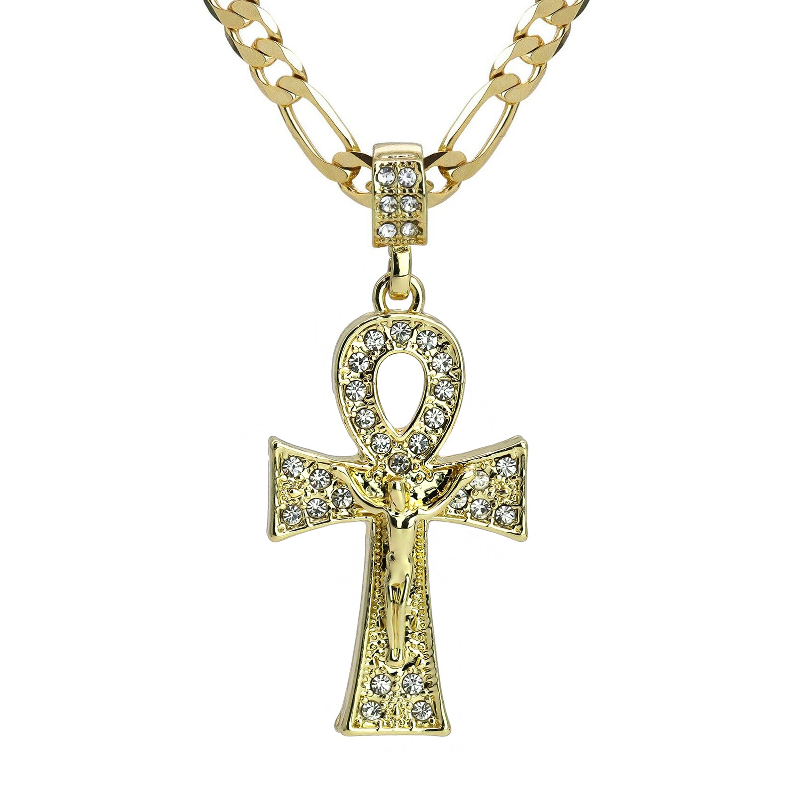 Egyptian Ankh Jesus Cross Pendant 20" Figaro Chain Hip Hop Style 18k Gold Plated