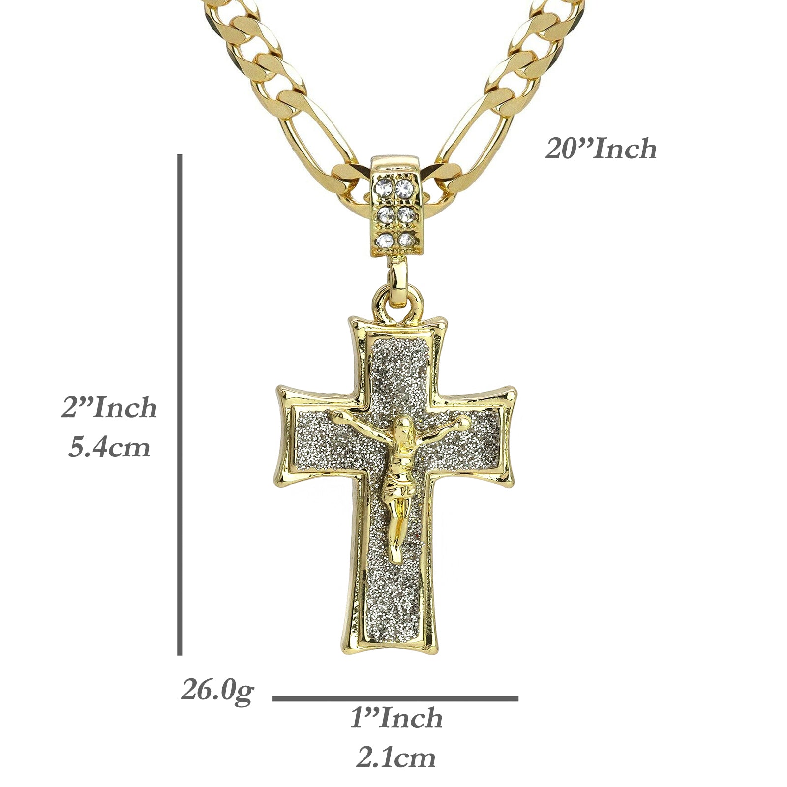Stardust Jesus Cross Pendant 20" Figaro Chain Hip Hop Style 18k Gold Plated