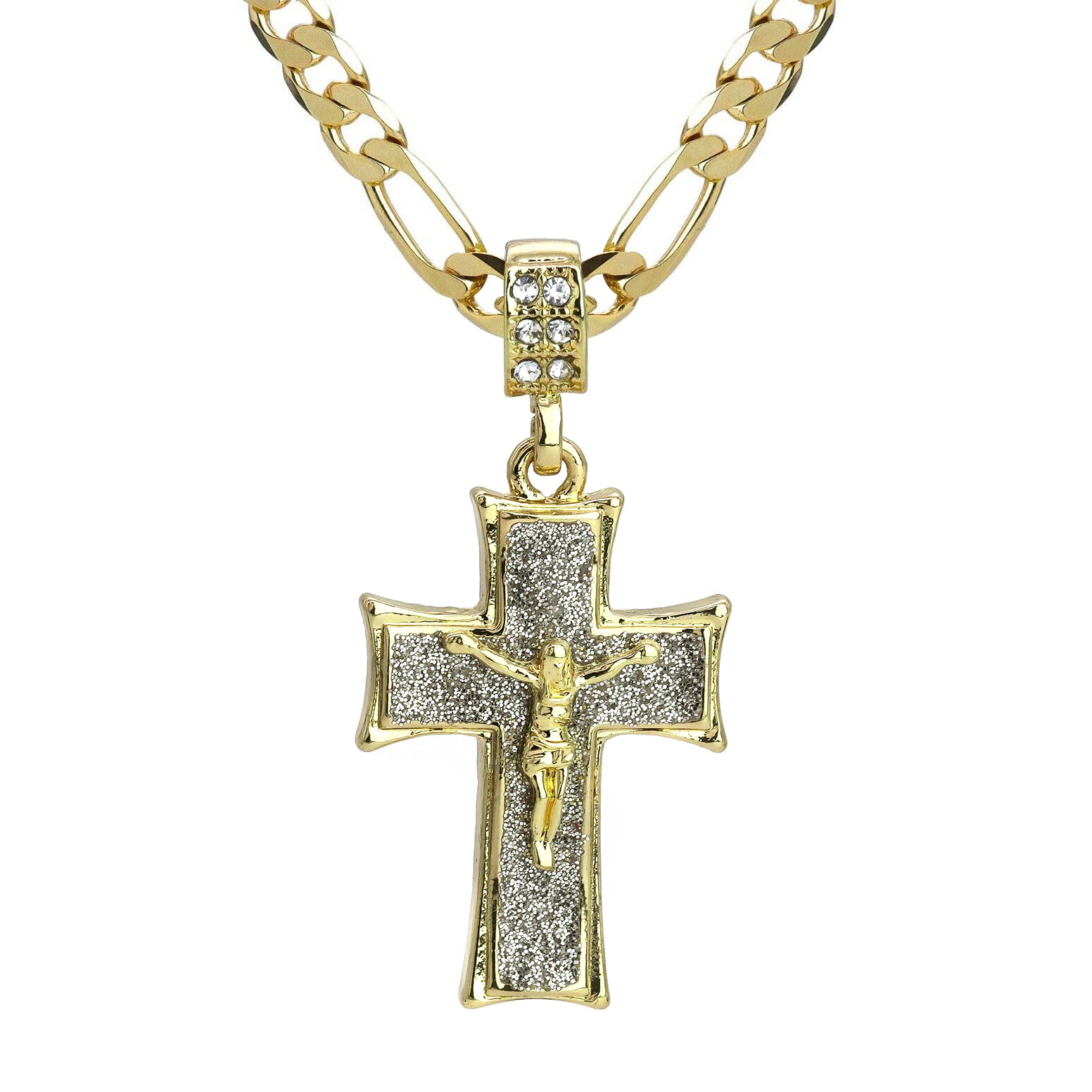 Stardust Jesus Cross Pendant 20" Figaro Chain Hip Hop Style 18k Gold Plated