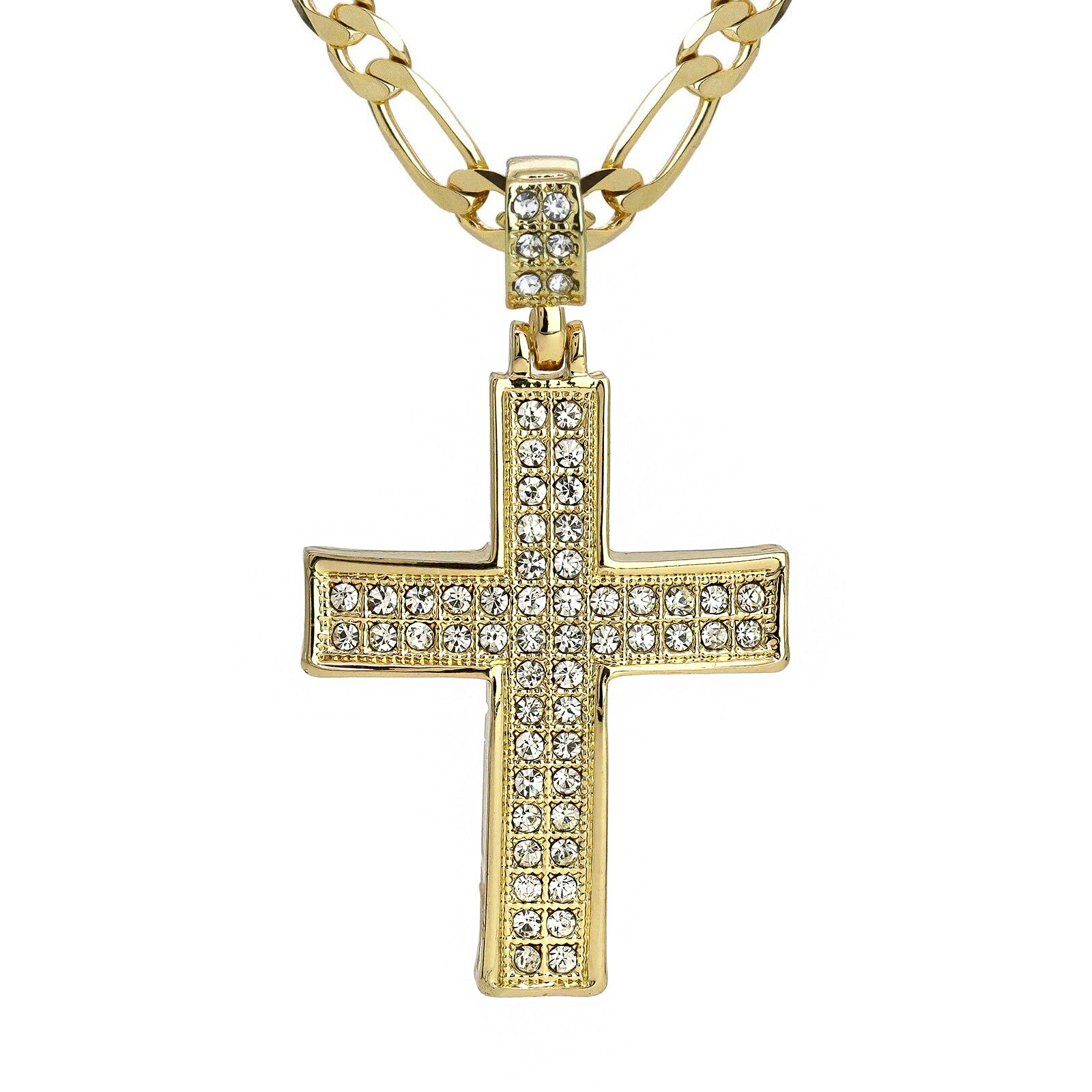 2Row Cz Cross Pendant 20" Figaro Chain Hip Hop Style 18k Gold Plated