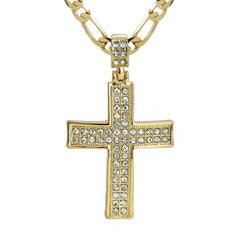 2Row Cz Cross Pendant 20" Figaro Chain Hip Hop Style 18k Gold Plated