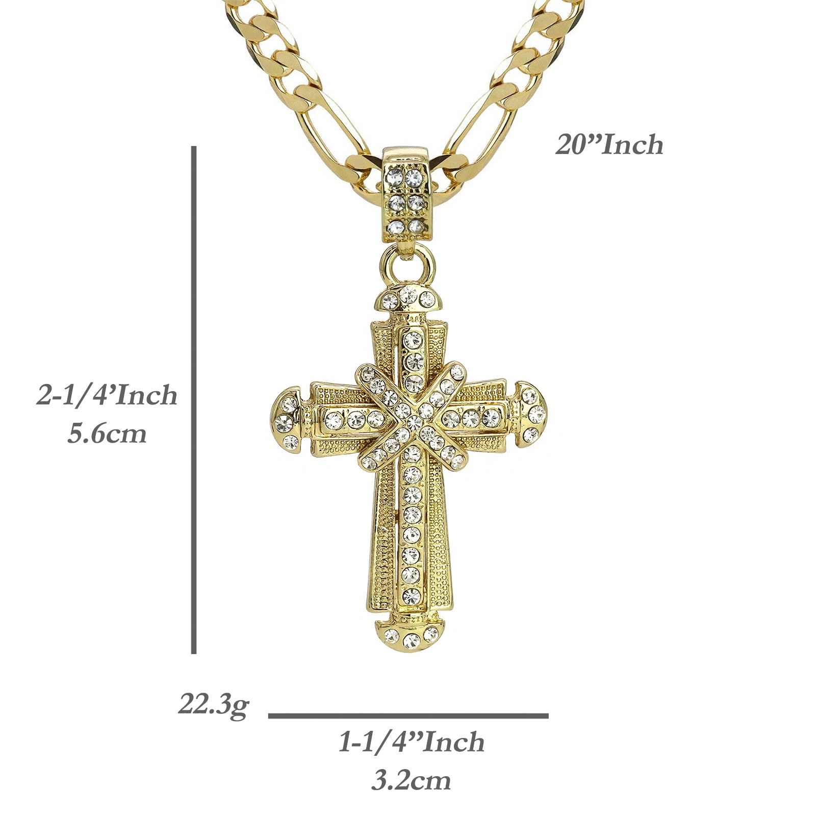 X Two Cz Cross Pendant 20" Figaro Chain Hip Hop Style 18k Gold Plated