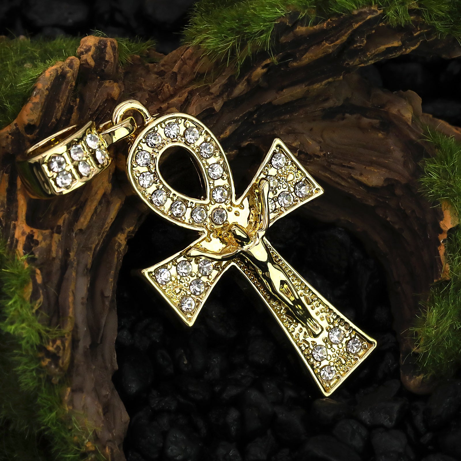 Egyptian Ankh Jesus Cross Pendant 20" Figaro Chain Hip Hop Style 18k Gold Plated