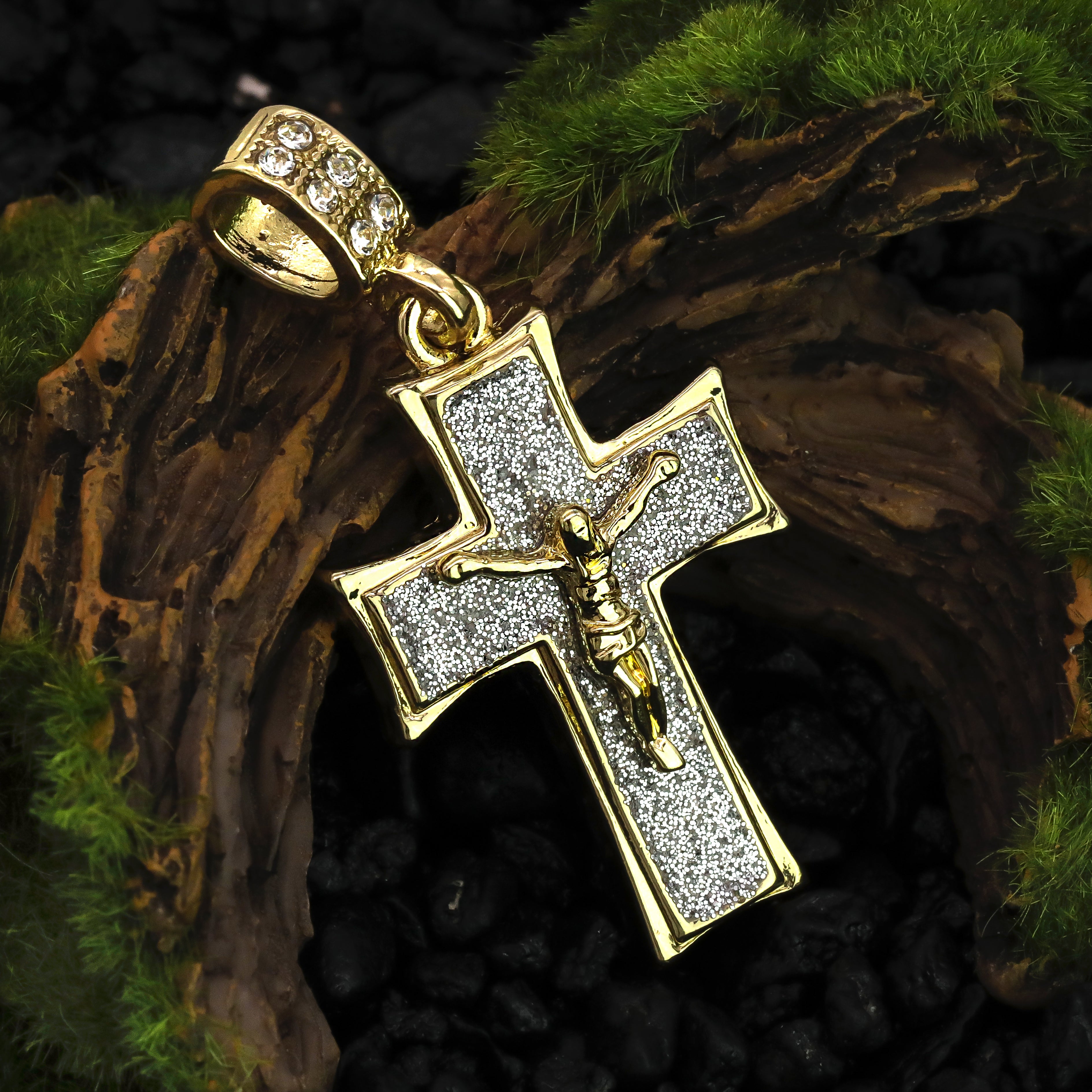 Stardust Jesus Cross Pendant 20" Figaro Chain Hip Hop Style 18k Gold Plated