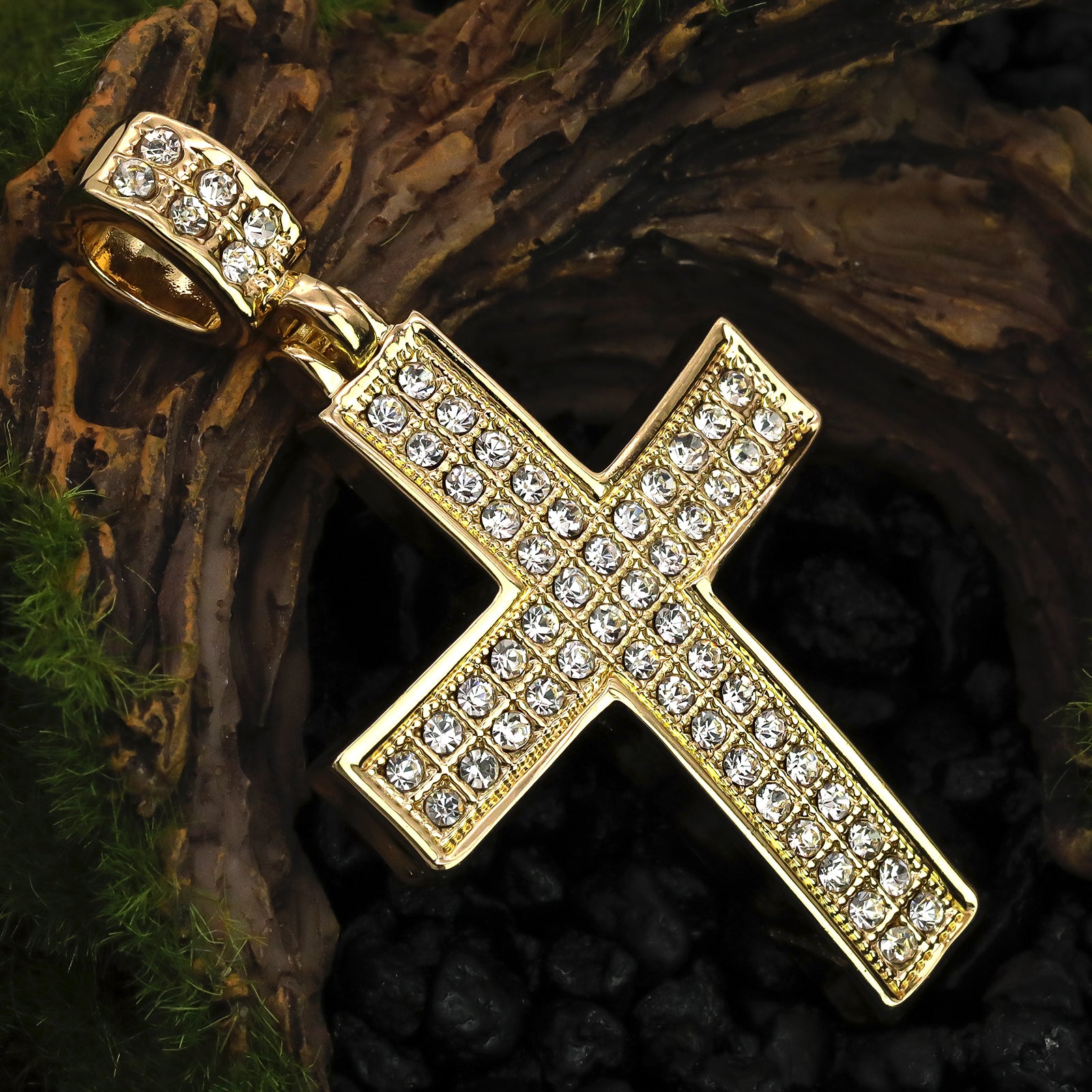 2Row Cz Cross Pendant 20" Figaro Chain Hip Hop Style 18k Gold Plated