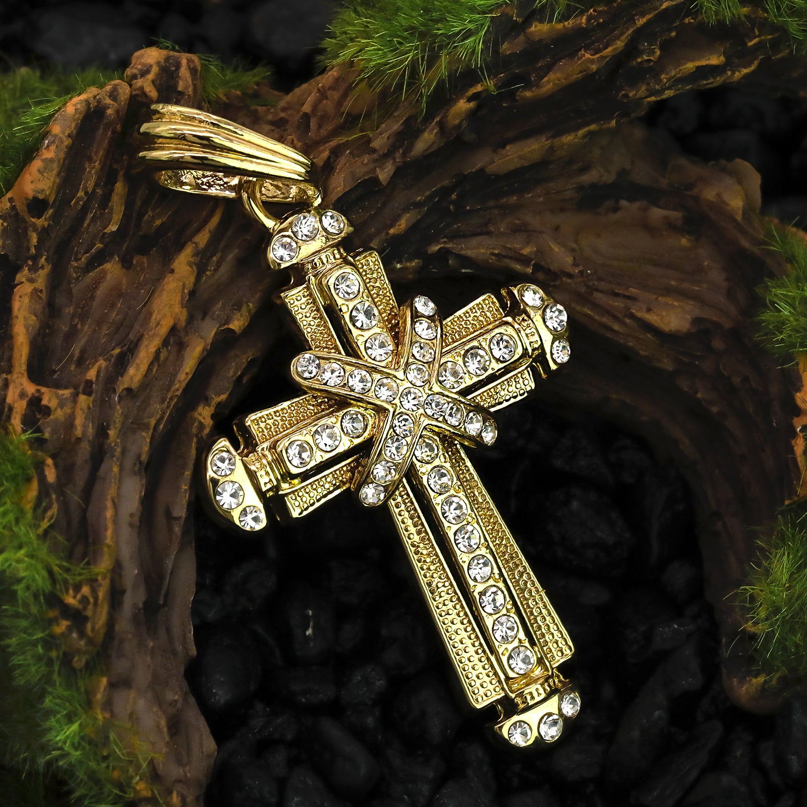 X Two Cz Cross Pendant 20" Figaro Chain Hip Hop Style 18k Gold Plated
