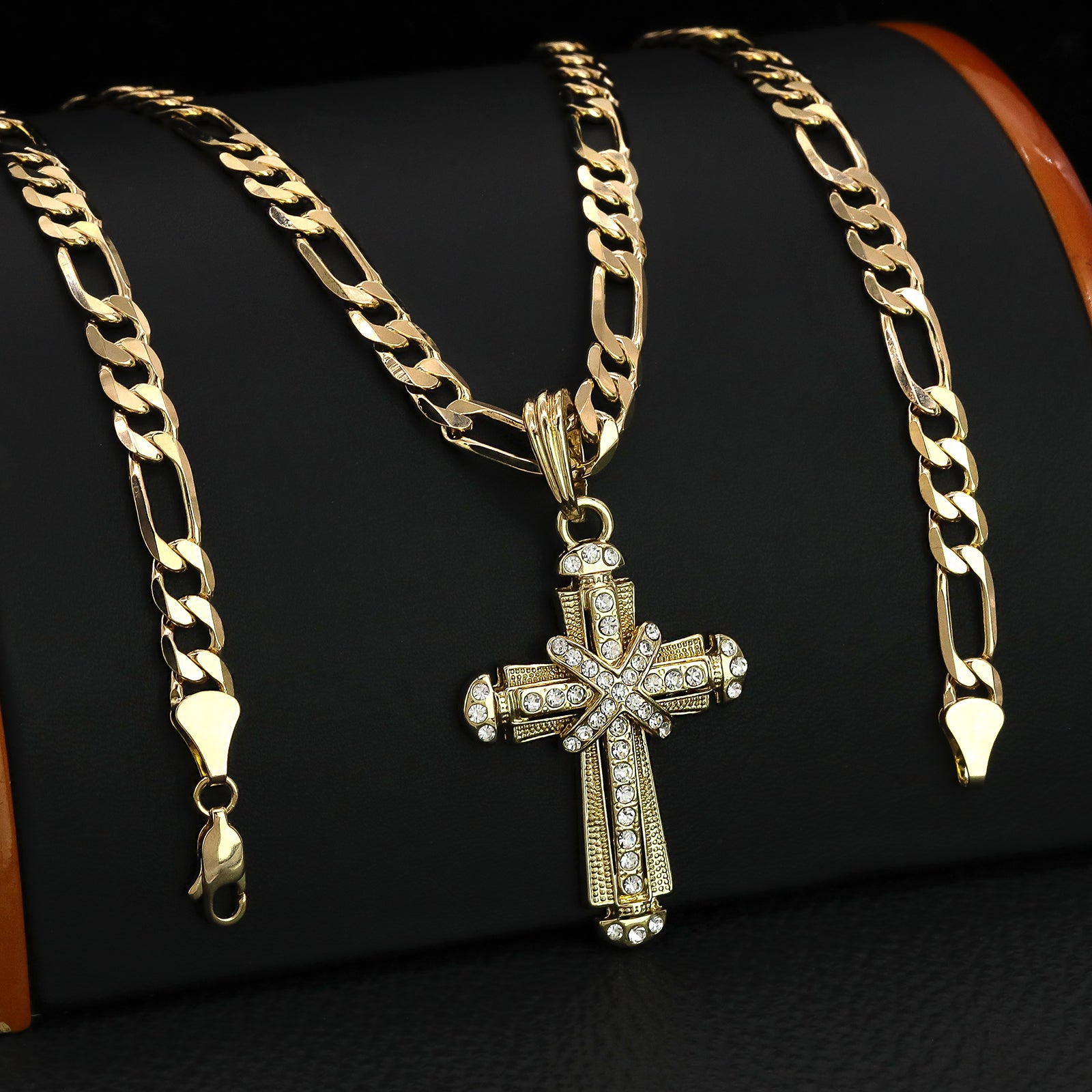 X Two Cz Cross Pendant 20" Figaro Chain Hip Hop Style 18k Gold Plated