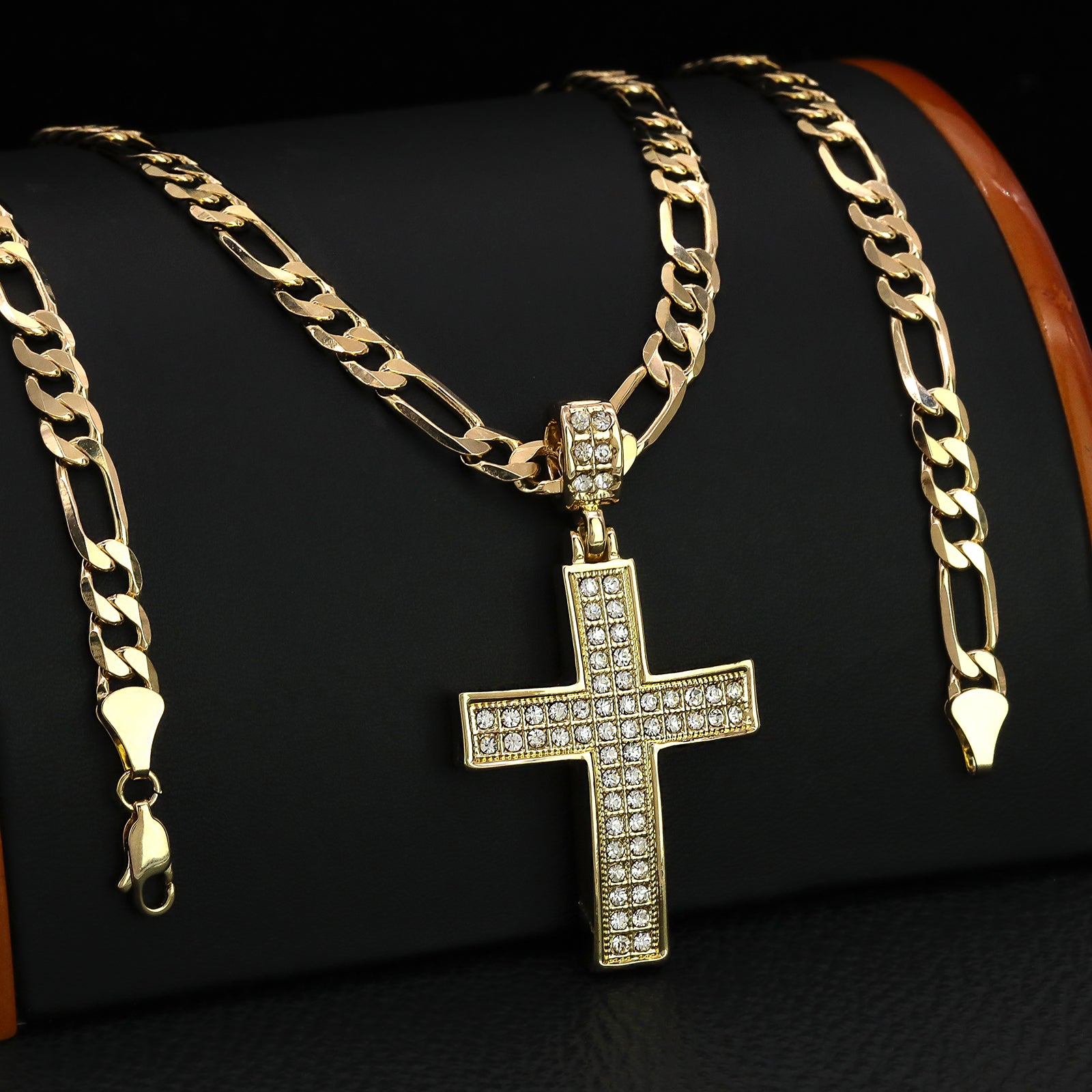 2Row Cz Cross Pendant 20" Figaro Chain Hip Hop Style 18k Gold Plated