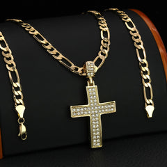 2Row Cz Cross Pendant 20" Figaro Chain Hip Hop Style 18k Gold Plated