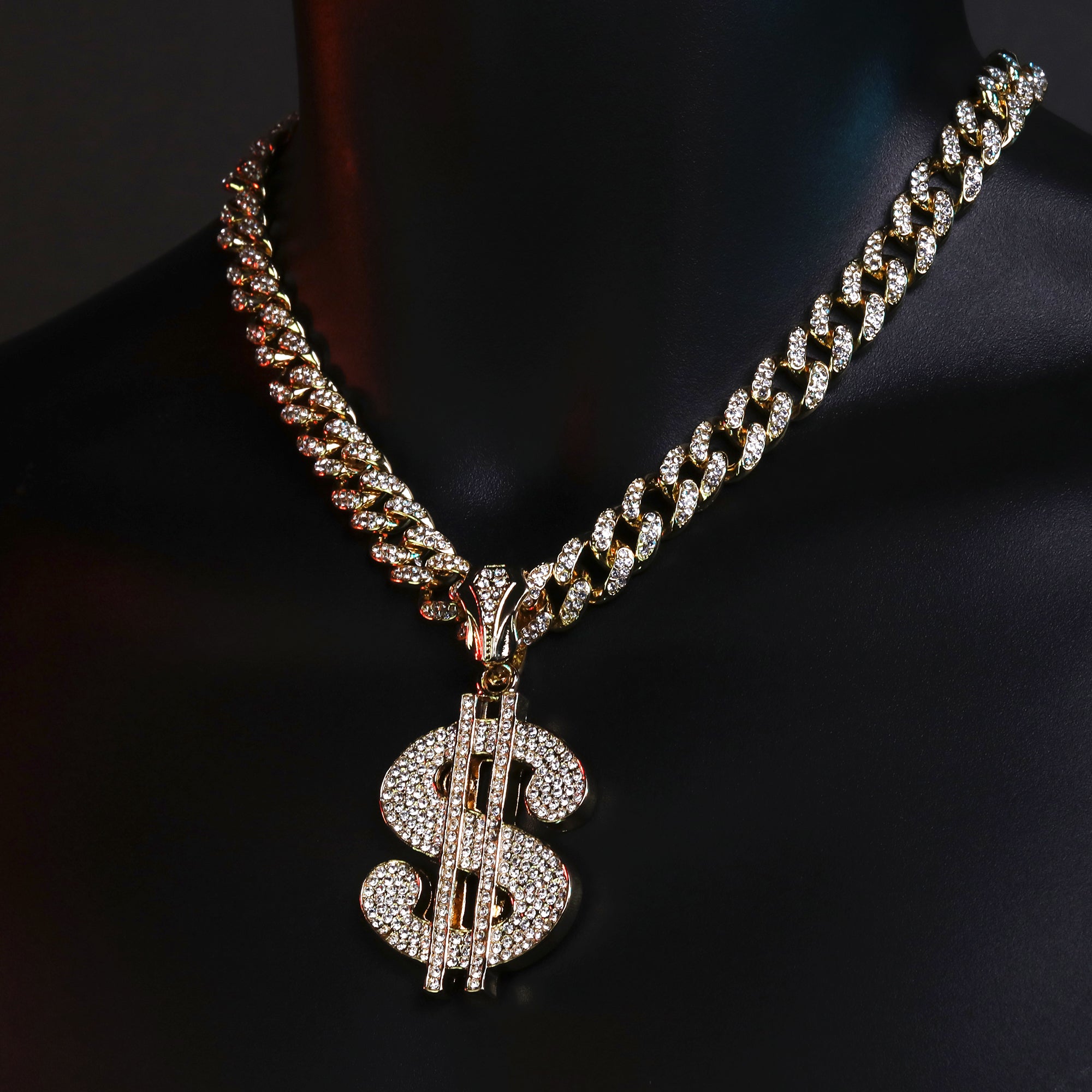 Large CZ Money Sign Pendant & Iced Cuban CZ Chain Necklace – Hip Hop Jewelry for Men – 18"-24"