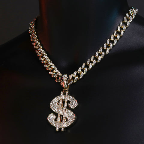 Large CZ Money Sign Pendant & Iced Cuban CZ Chain Necklace – Hip Hop Jewelry for Men – 18"-24"