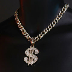 Large CZ Money Sign Pendant & Iced Cuban CZ Chain Necklace – Hip Hop Jewelry for Men – 18"-24"