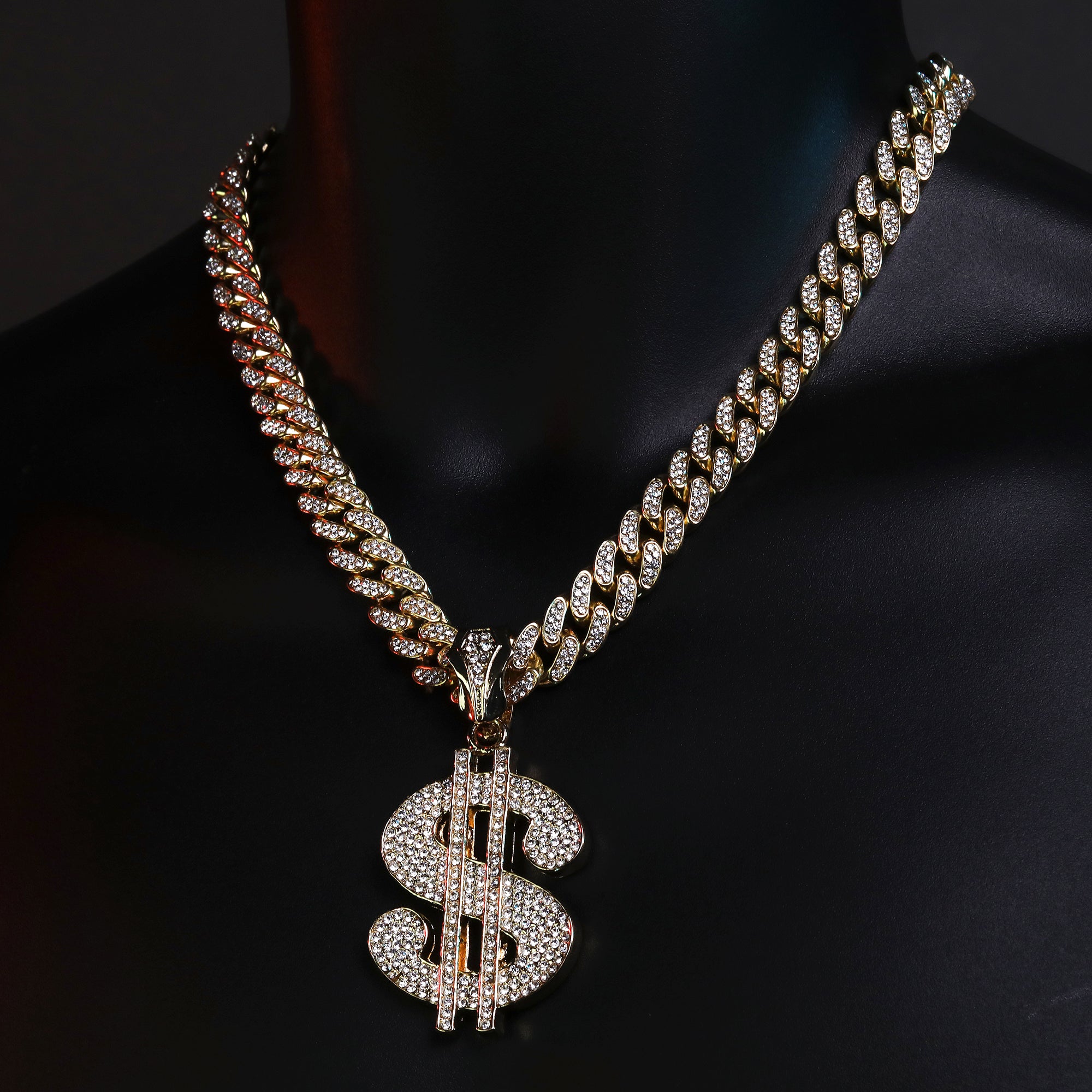 Large CZ Money Sign Pendant & Iced Cuban CZ Chain Necklace – Hip Hop Jewelry for Men – 18"-24"