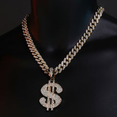 Large CZ Money Sign Pendant & Iced Cuban CZ Chain Necklace – Hip Hop Jewelry for Men – 18"-24"