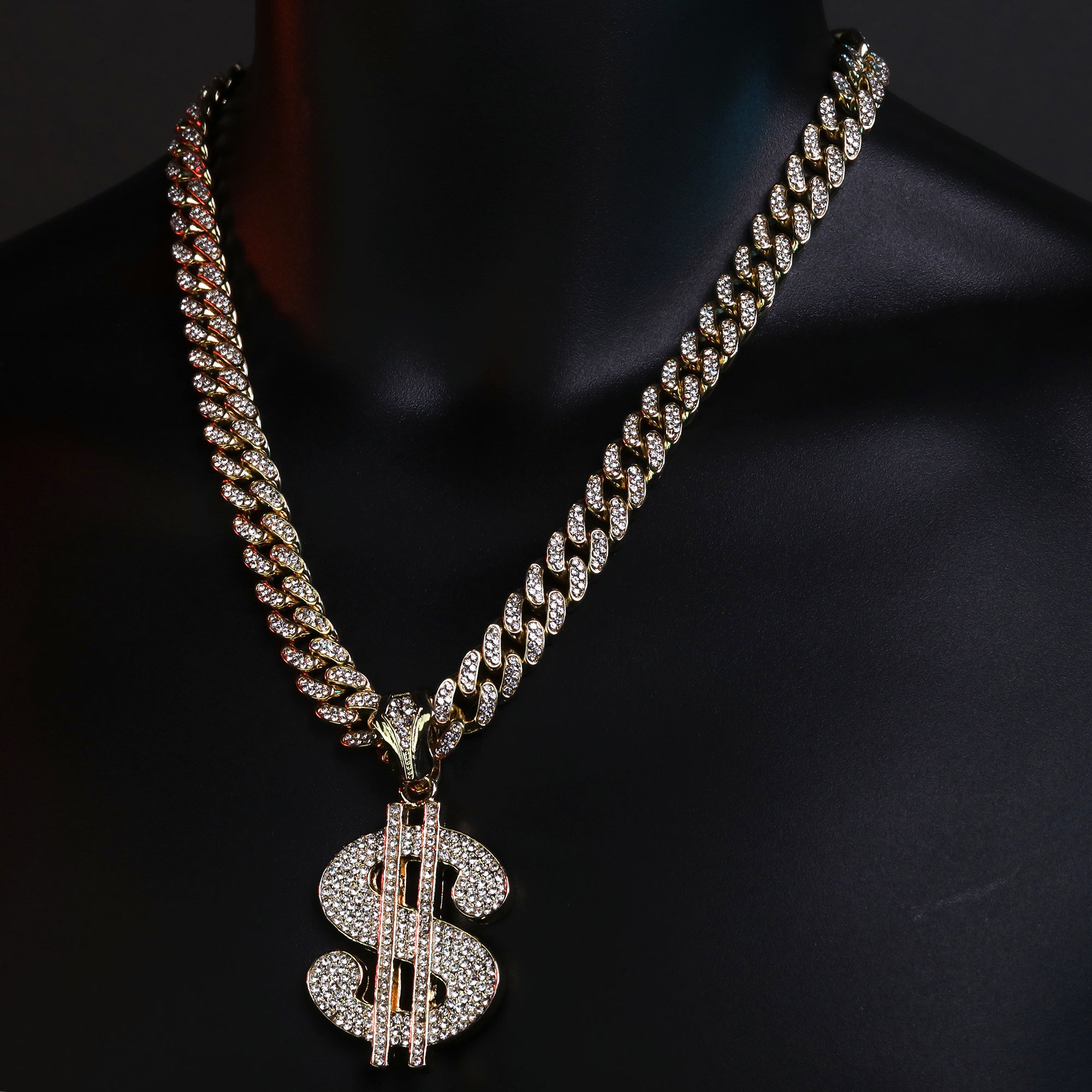 Large CZ Money Sign Pendant & Iced Cuban CZ Chain Necklace – Hip Hop Jewelry for Men – 18"-24"