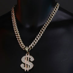 Large CZ Money Sign Pendant & Iced Cuban CZ Chain Necklace – Hip Hop Jewelry for Men – 18"-24"