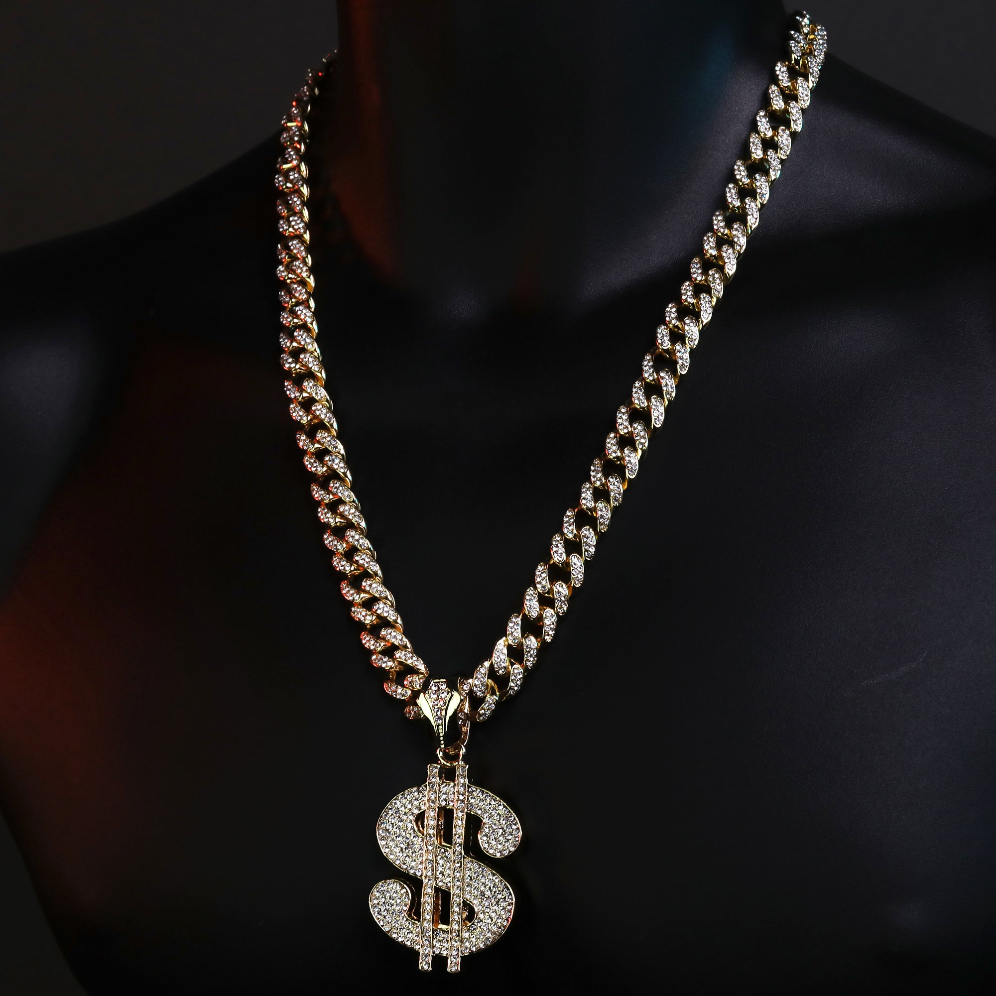 Large CZ Money Sign Pendant & Iced Cuban CZ Chain Necklace – Hip Hop Jewelry for Men – 18"-24"