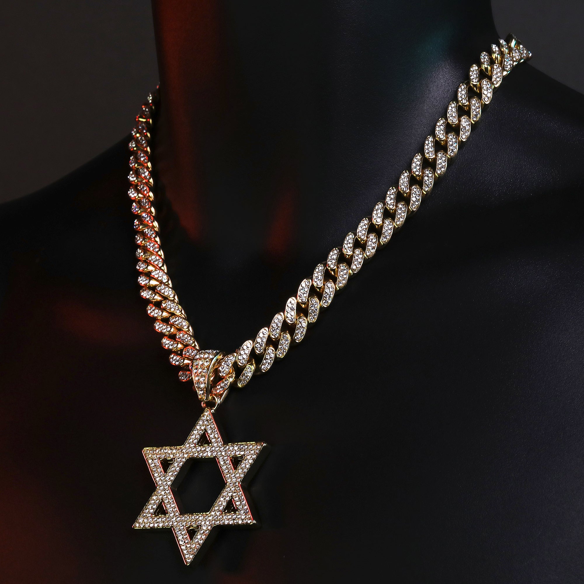 14k Gold Filled Large CZ Flat Star of David Pendant & Iced Cuban CZ Chain – Perfect Gift for Boyfriend, Father, Bestie, or Any Special Occasion – 18"-24"