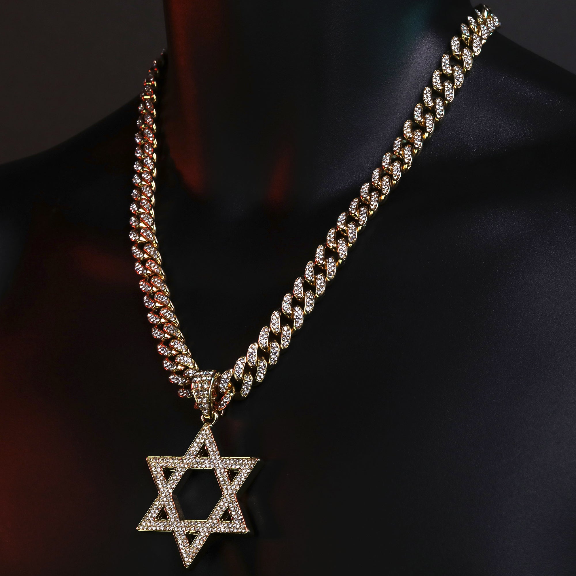 14k Gold Filled Large CZ Flat Star of David Pendant & Iced Cuban CZ Chain – Perfect Gift for Boyfriend, Father, Bestie, or Any Special Occasion – 18"-24"