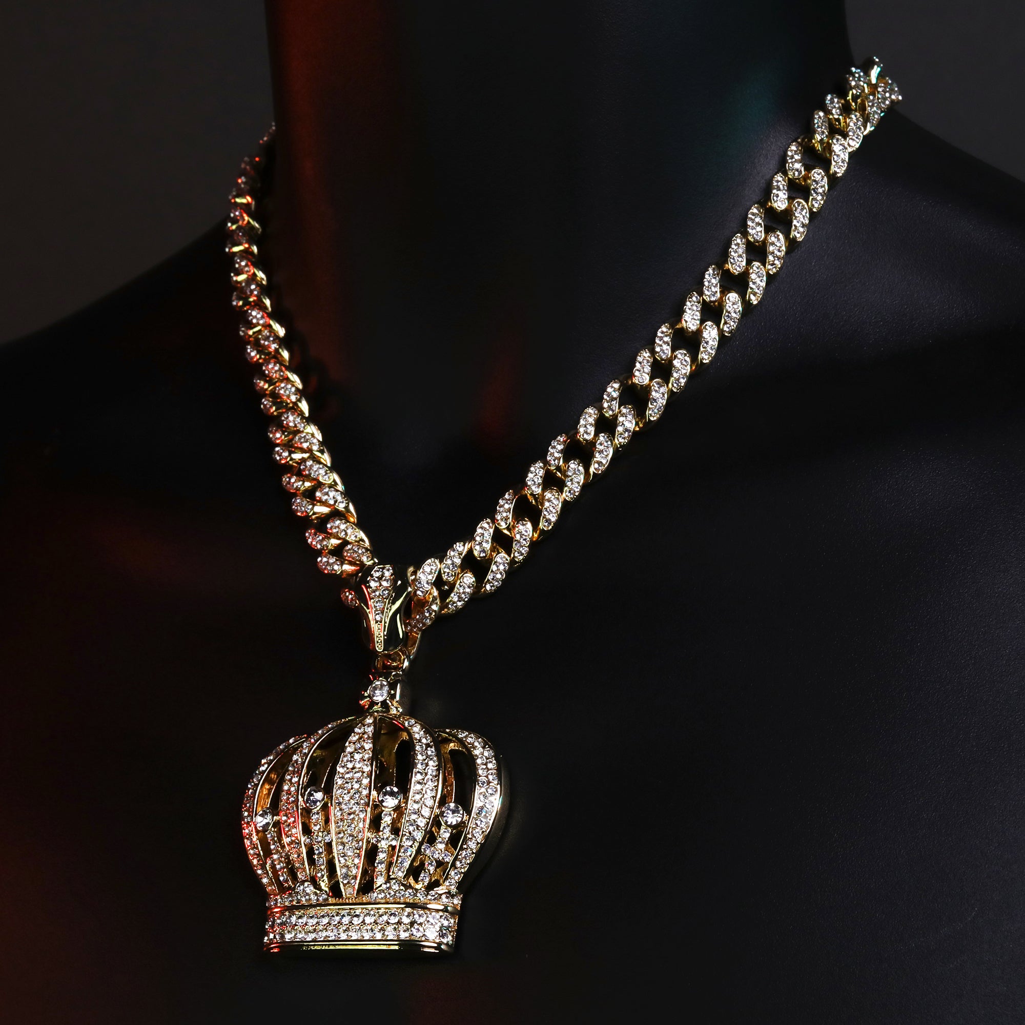 Large CZ Crown Pendant & Iced Cuban CZ Chain Necklace – Trendy Hip Hop Jewelry for Men & Women – 18"-24"