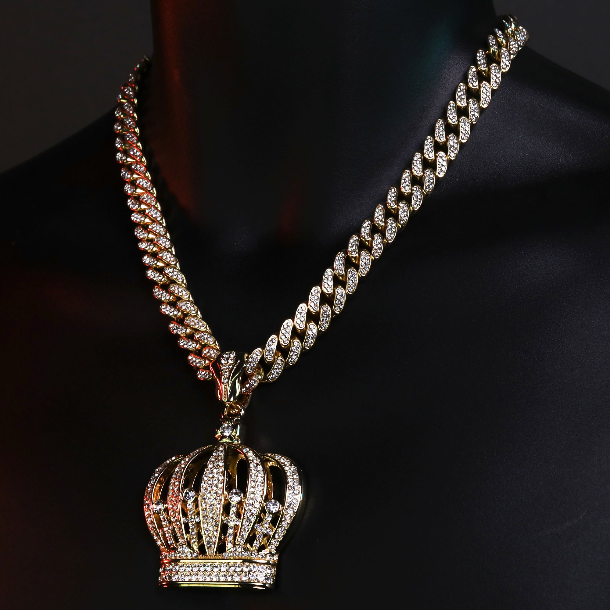 Large CZ Crown Pendant & Iced Cuban CZ Chain Necklace – Trendy Hip Hop Jewelry for Men & Women – 18"-24"