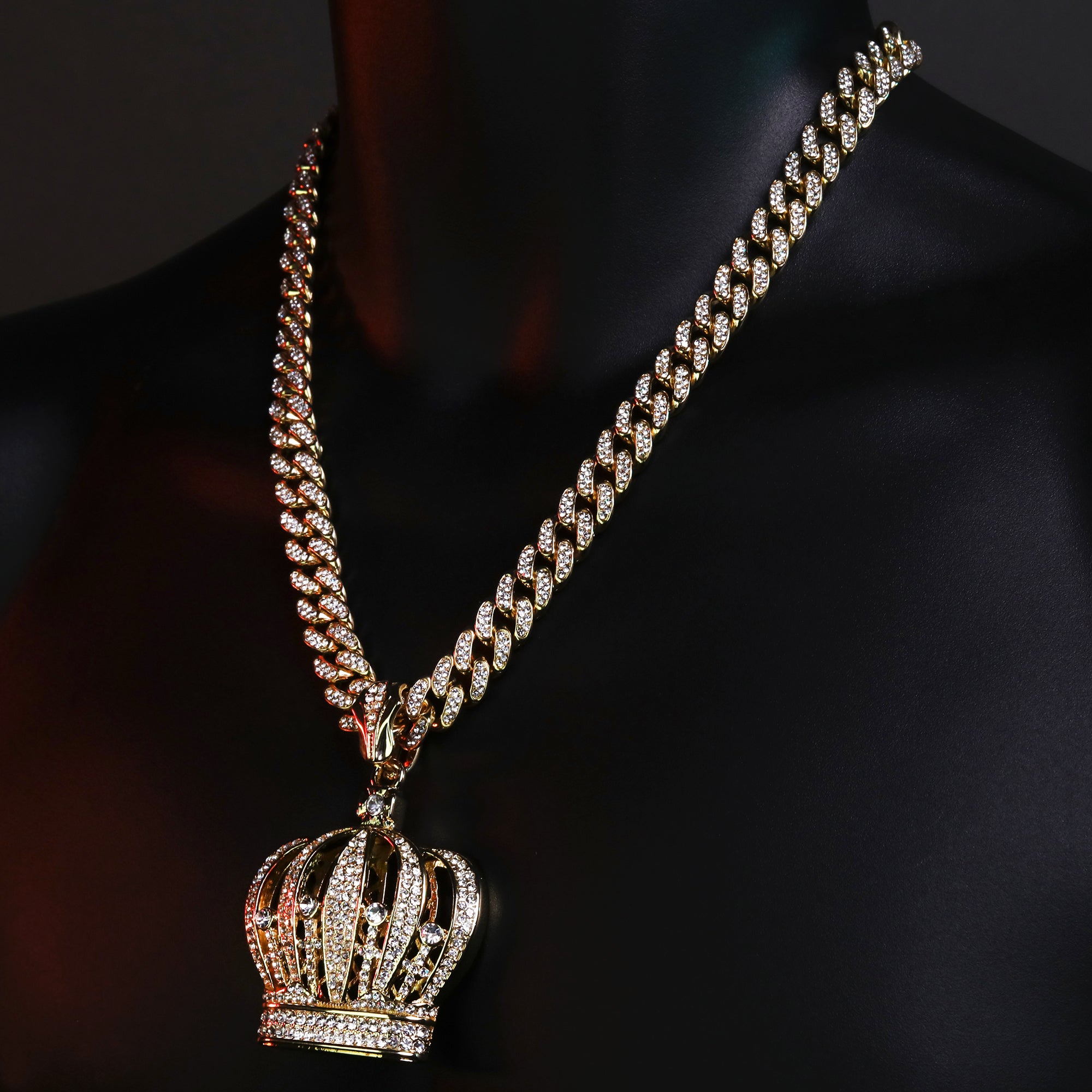 Large CZ Crown Pendant & Iced Cuban CZ Chain Necklace – Trendy Hip Hop Jewelry for Men & Women – 18"-24"