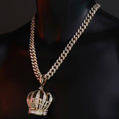 Large CZ Crown Pendant & Iced Cuban CZ Chain Necklace – Trendy Hip Hop Jewelry for Men & Women – 18"-24"