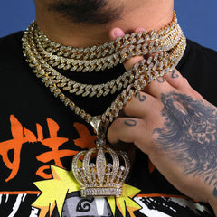 Large CZ Crown Pendant & Iced Cuban CZ Chain Necklace – Trendy Hip Hop Jewelry for Men & Women – 18"-24"