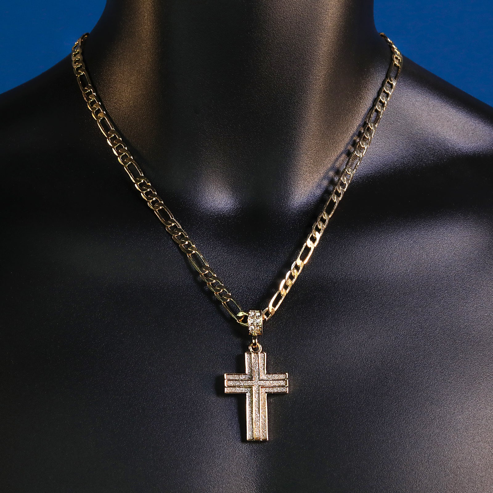 Two Cross Stardust Pendant 20" Figaro Chain Hip Hop Style 18k Gold Plated
