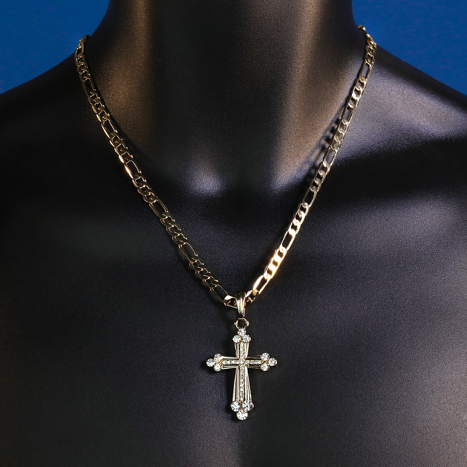 Frost Hallow Cz Cross Pendant 20" Figaro Chain Hip Hop Style 18k Gold Plated