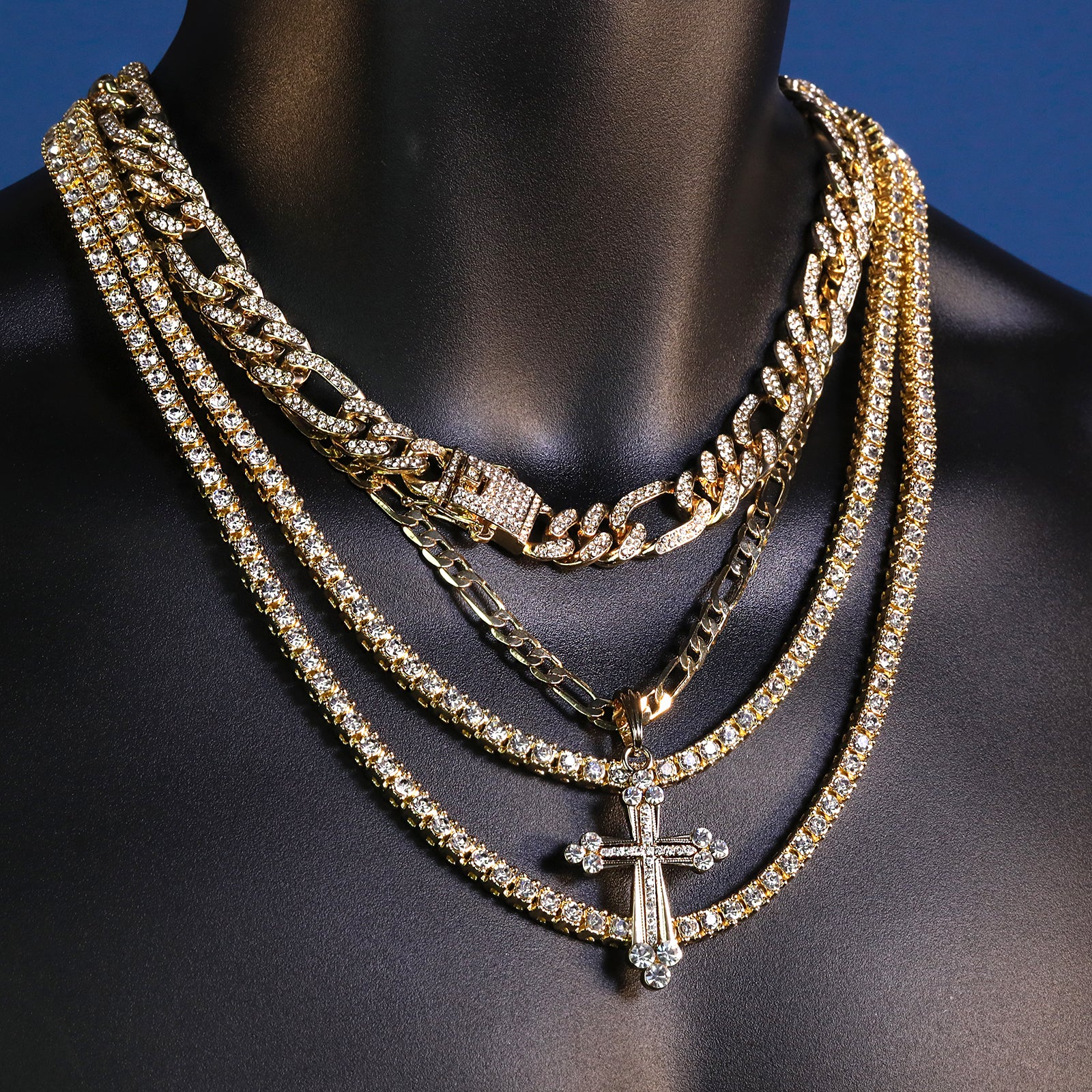 Frost Hallow Cz Cross Pendant 20" Figaro Chain Hip Hop Style 18k Gold Plated