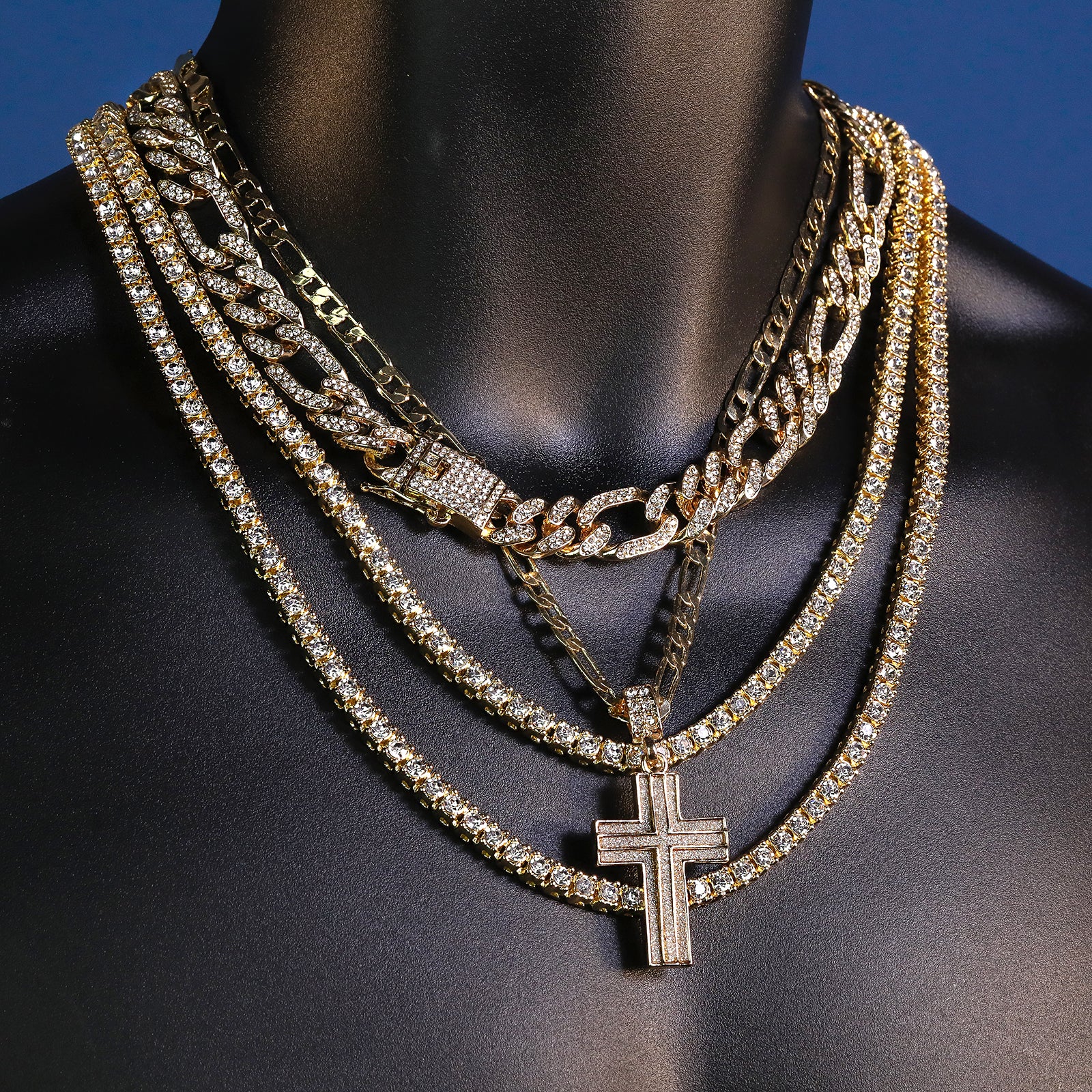 Two Cross Stardust Pendant 20" Figaro Chain Hip Hop Style 18k Gold Plated