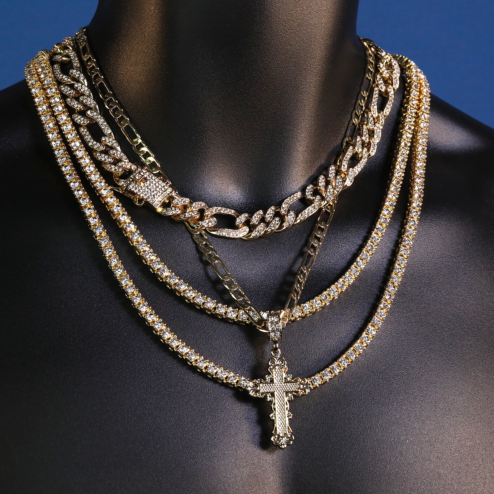 Royal Cross Pendant 20" Figaro Chain Hip Hop Style 18k Gold Plated