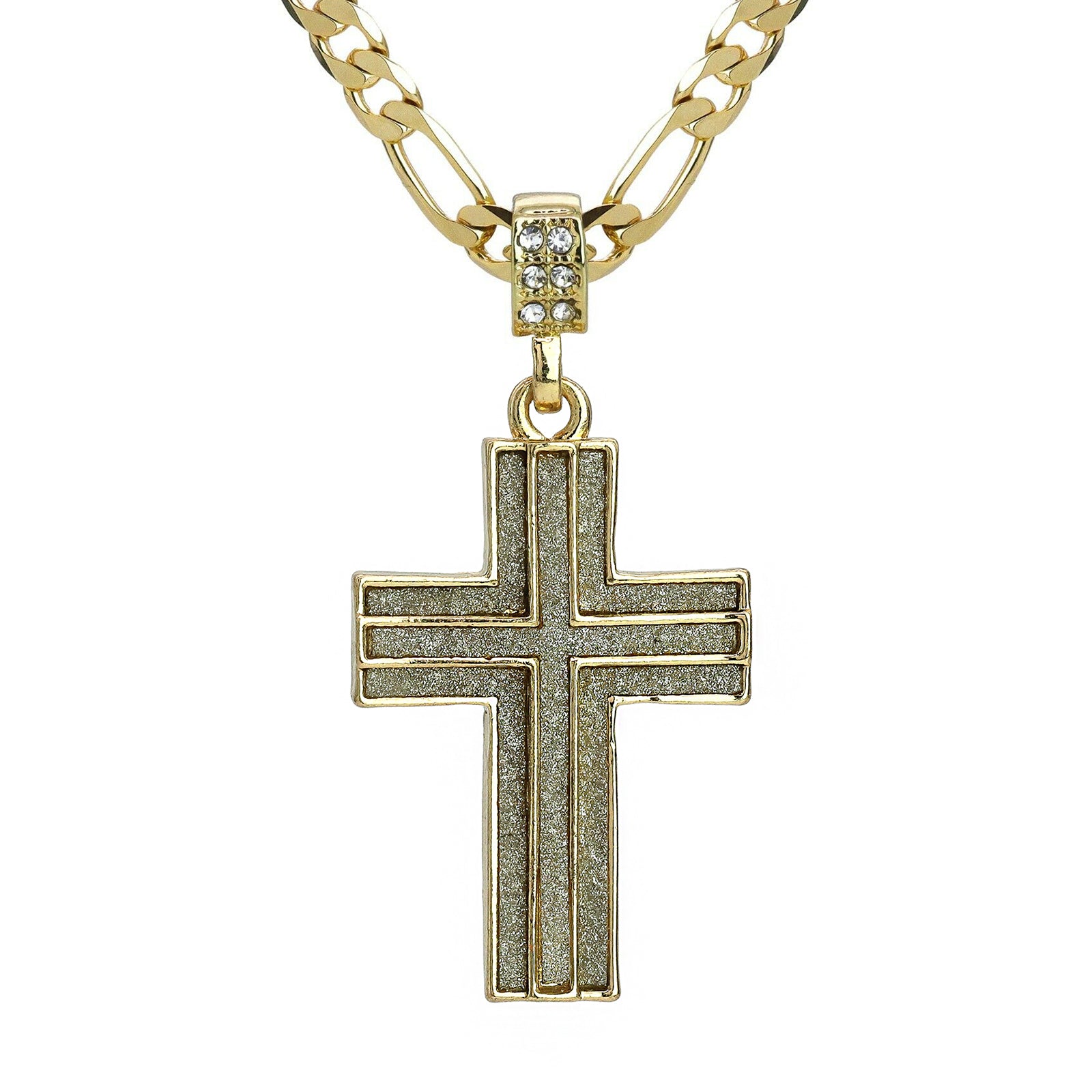 Two Cross Stardust Pendant 20" Figaro Chain Hip Hop Style 18k Gold Plated