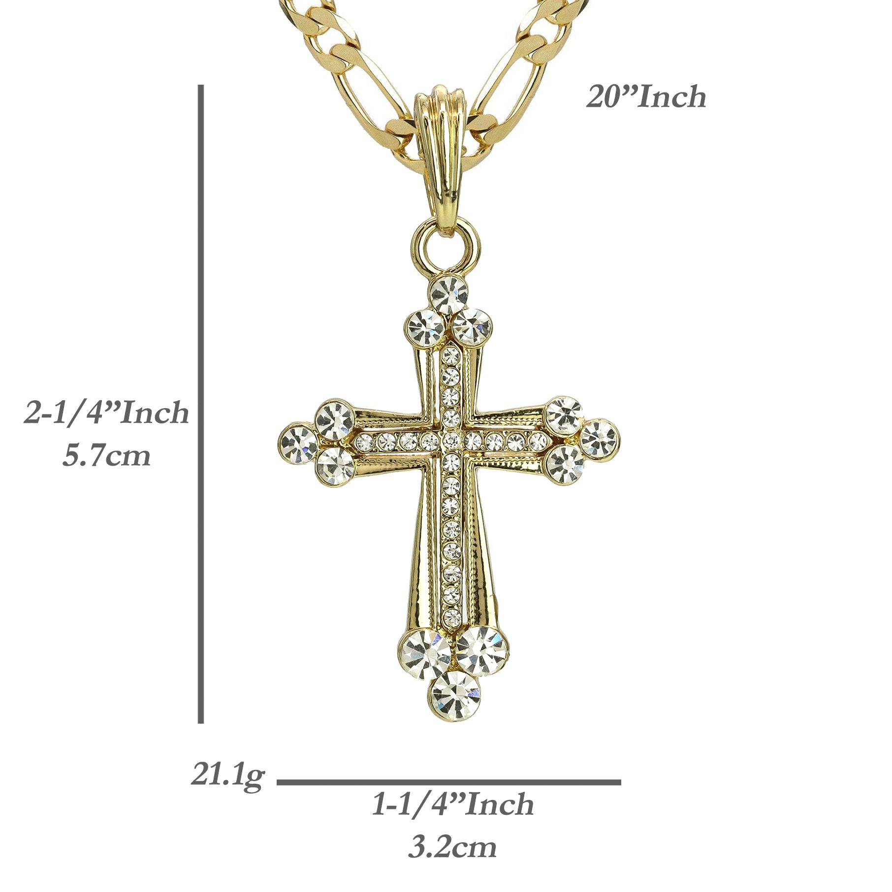 Frost Hallow Cz Cross Pendant 20" Figaro Chain Hip Hop Style 18k Gold Plated