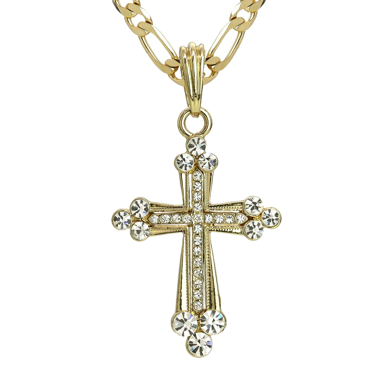 Frost Hallow Cz Cross Pendant 20" Figaro Chain Hip Hop Style 18k Gold Plated