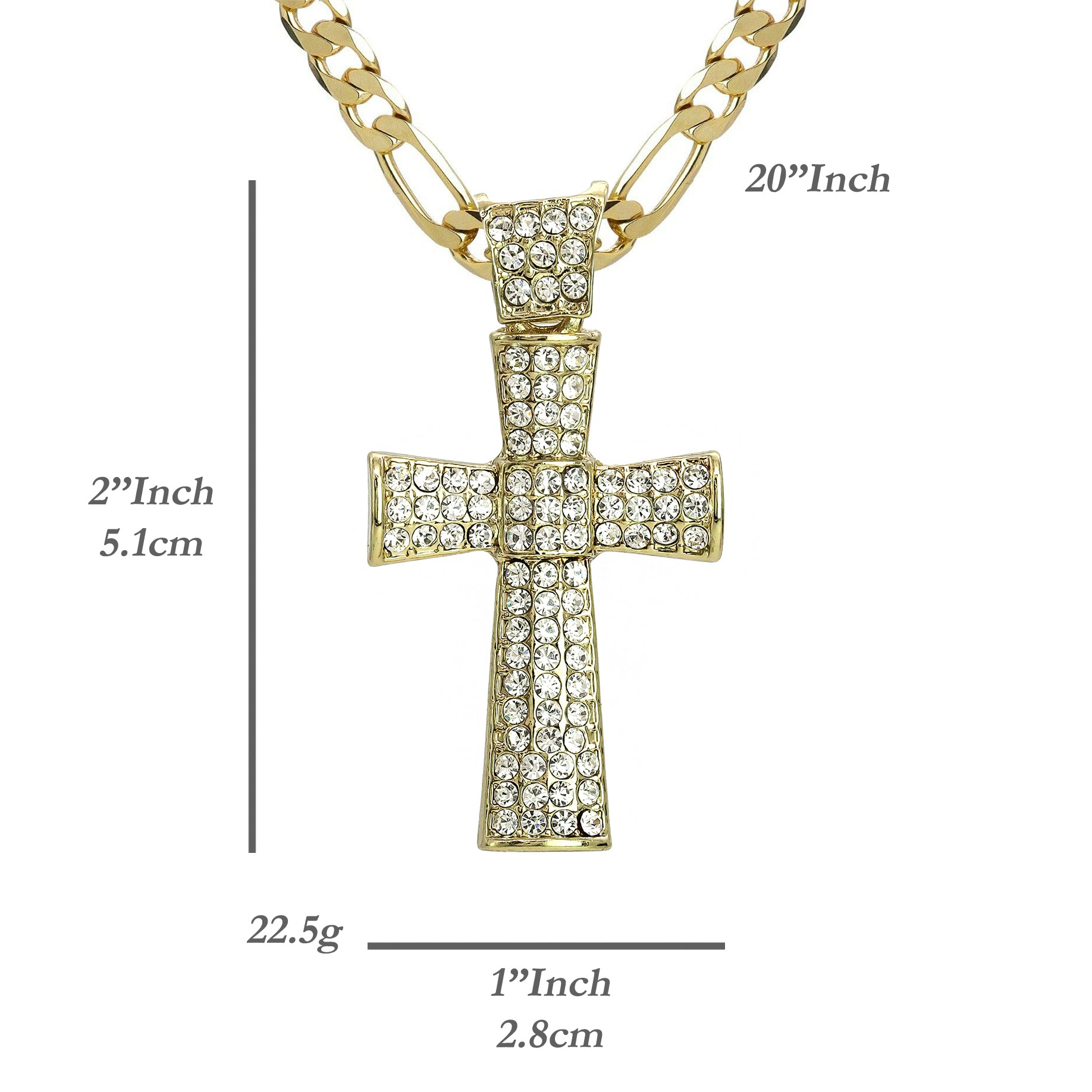 Thick Icy Cross Pendant 20" Figaro Chain Hip Hop Style 18k Gold Plated