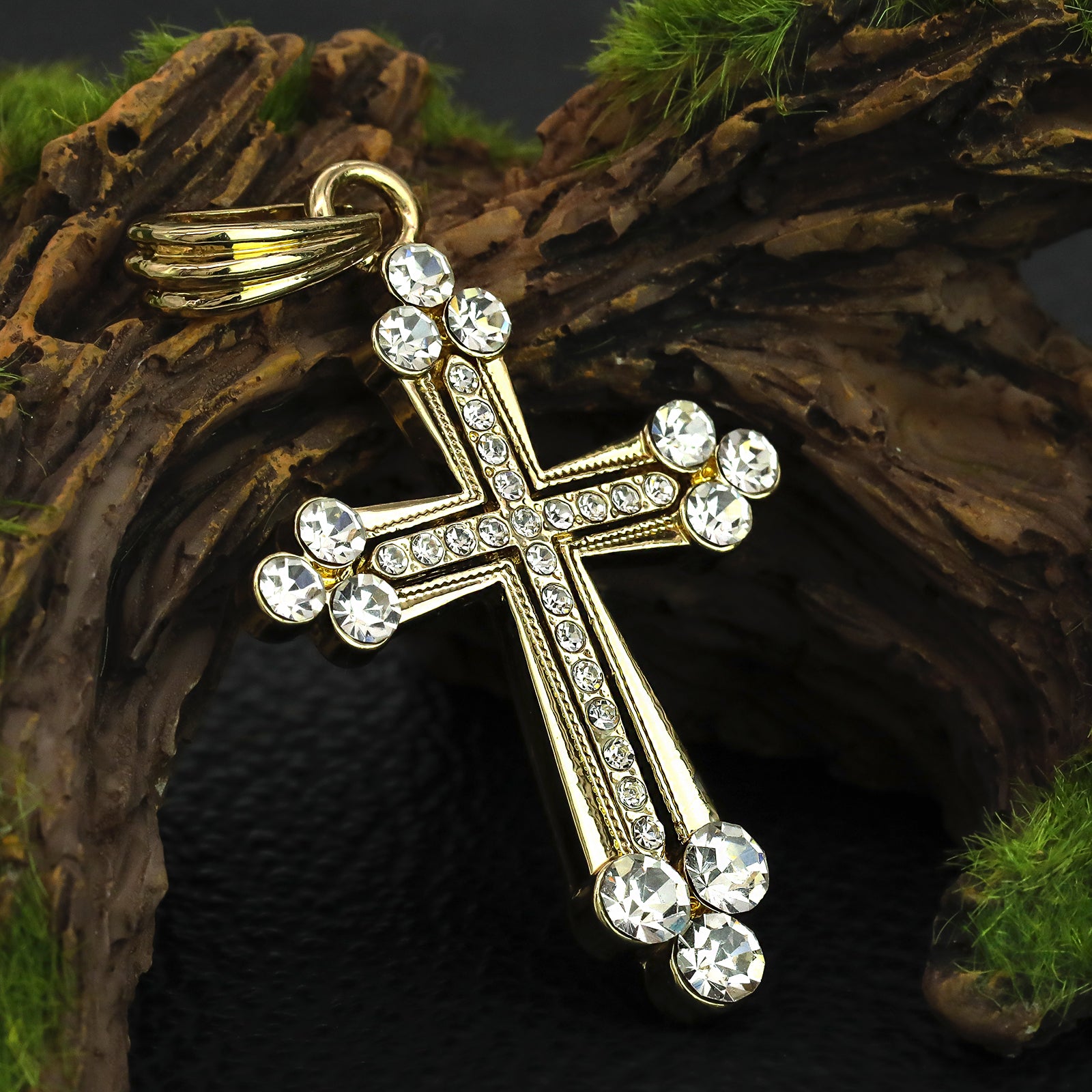 Frost Hallow Cz Cross Pendant 20" Figaro Chain Hip Hop Style 18k Gold Plated