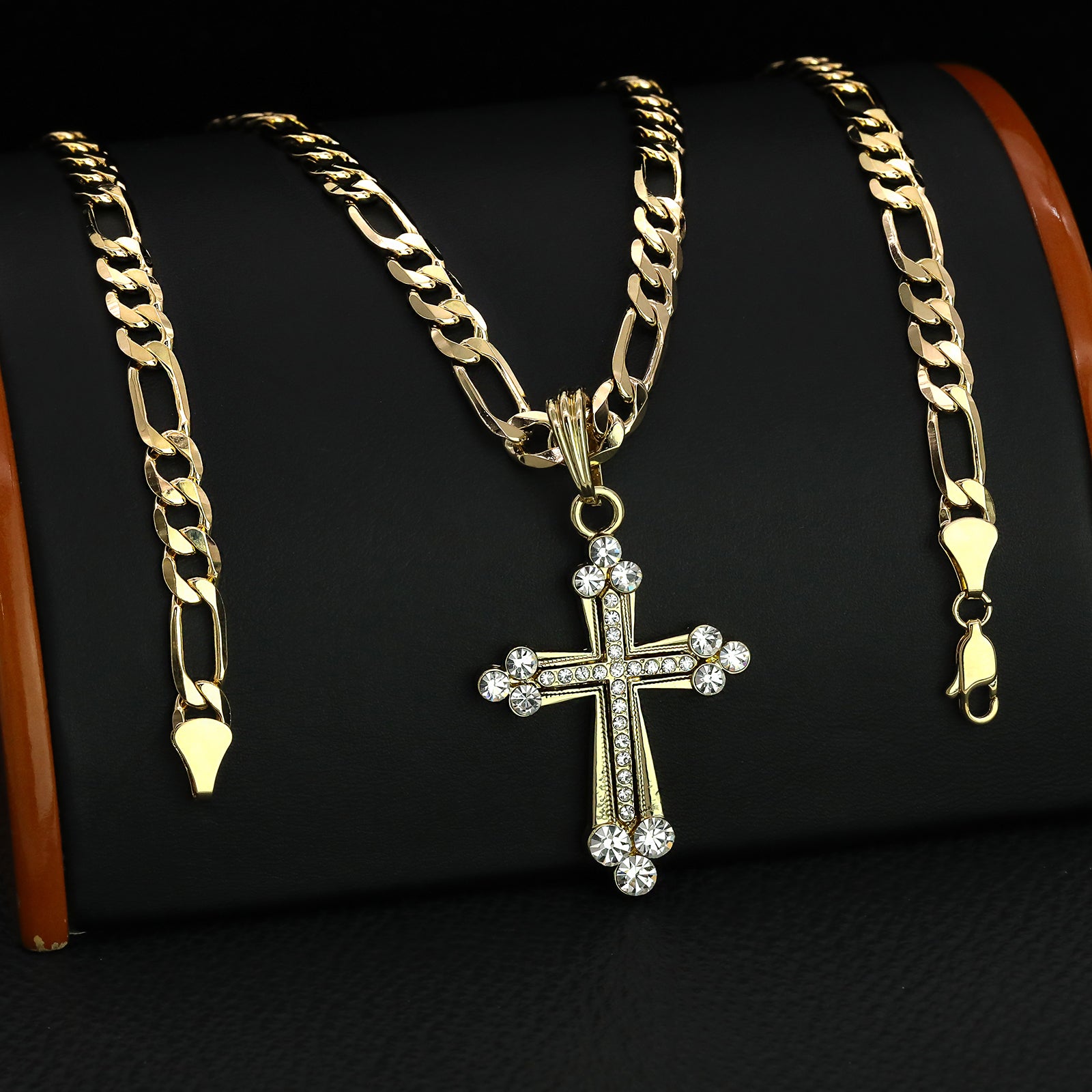Frost Hallow Cz Cross Pendant 20" Figaro Chain Hip Hop Style 18k Gold Plated